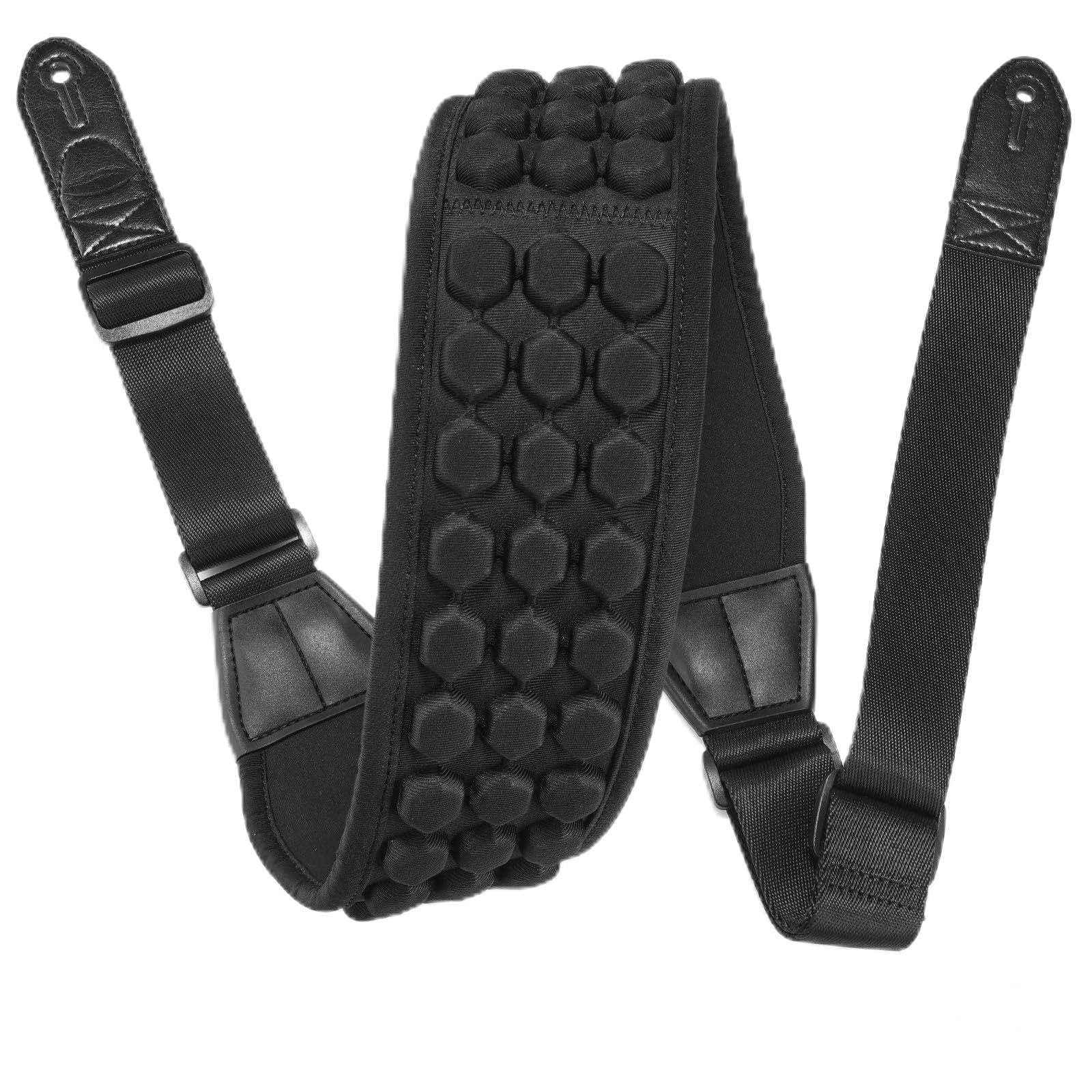 POGOLAB Guitar Strap, 3.5″ Wide Air Cell Cushions Neoprene Padded Soft Comfortable Bass Strap, Adjustable Length from 53″ to 64″ with Strap Locks & Picks, for Bass Electric Guitar (Long) Black