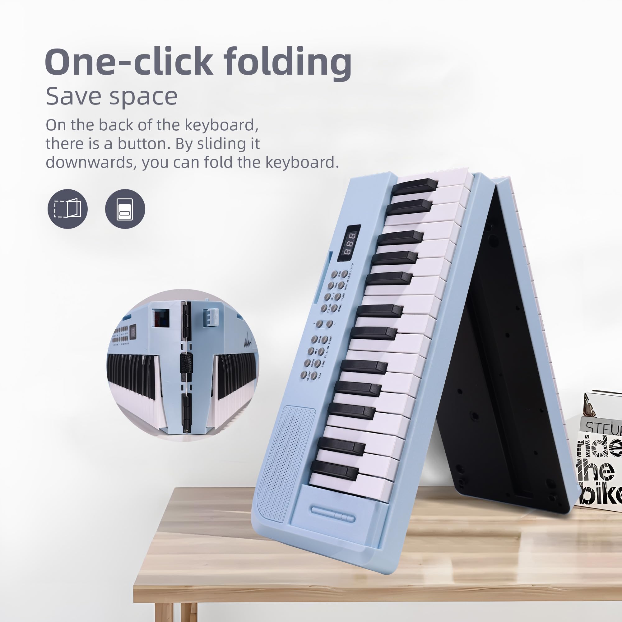 ADM 61 Key Folding Electric Piano Keyboard, Foldable Piano Electronic Keyboard, Wireless 128 Tones, 128 Rhythms Includes Pedal, Gig Bag, Headphones for Beginners, Students, Adults (Blue)