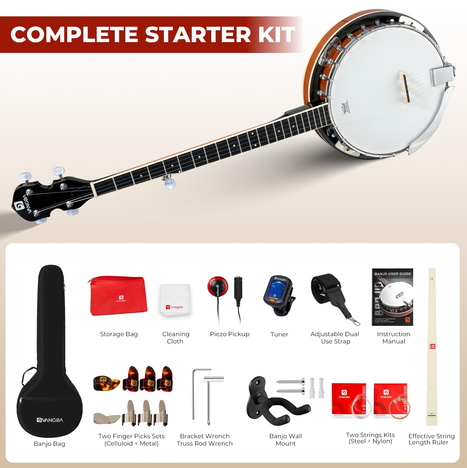 Vangoa NYLON Banjo 5 String Kit, 38 Inch Full Size Banjo with Nylon Strings with Gig Bag, Premium Accessories Outfit, Starter Kit for Beginners Adults Teens, Brown