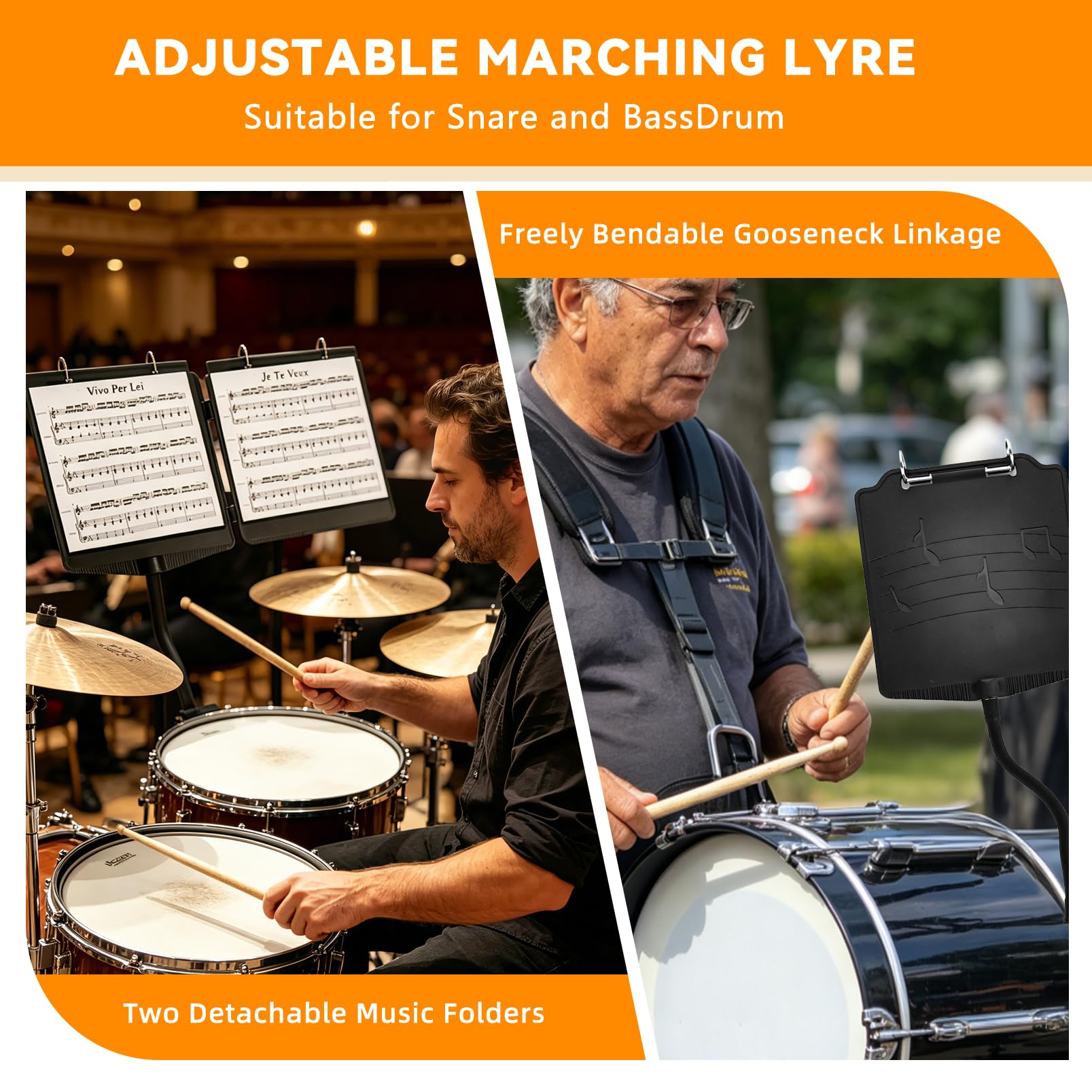 Trumpet Lyre Flip Folder, 2-in-1 Marching Band Music Holder for Snare Drum