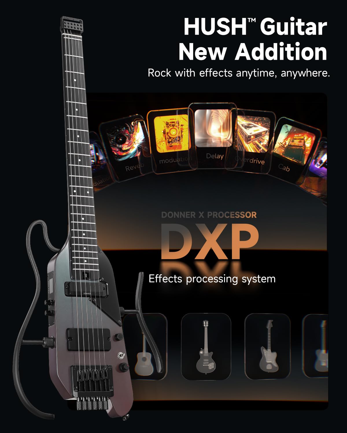 Donner HUSH X PRO Electric Guitar Kit – Smart Travel Guitar with Dozens of Preset Combinations, 7 Tone Sim Options, Midnight Glow