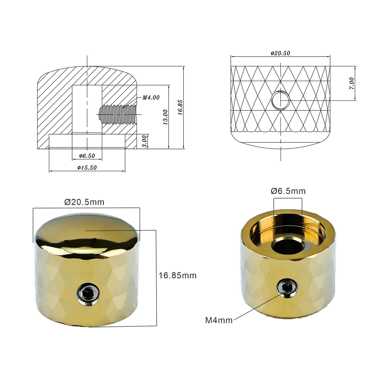OVSAL 3Pcs Aluminum Alloy Electric Bass Guitar Knobs Speed Control 6.5mm(1/4″) Potentiometer Shaft Dome Metal Volume Tone Knobs for Electric Bass Guitar Replacement Parts (Gold)