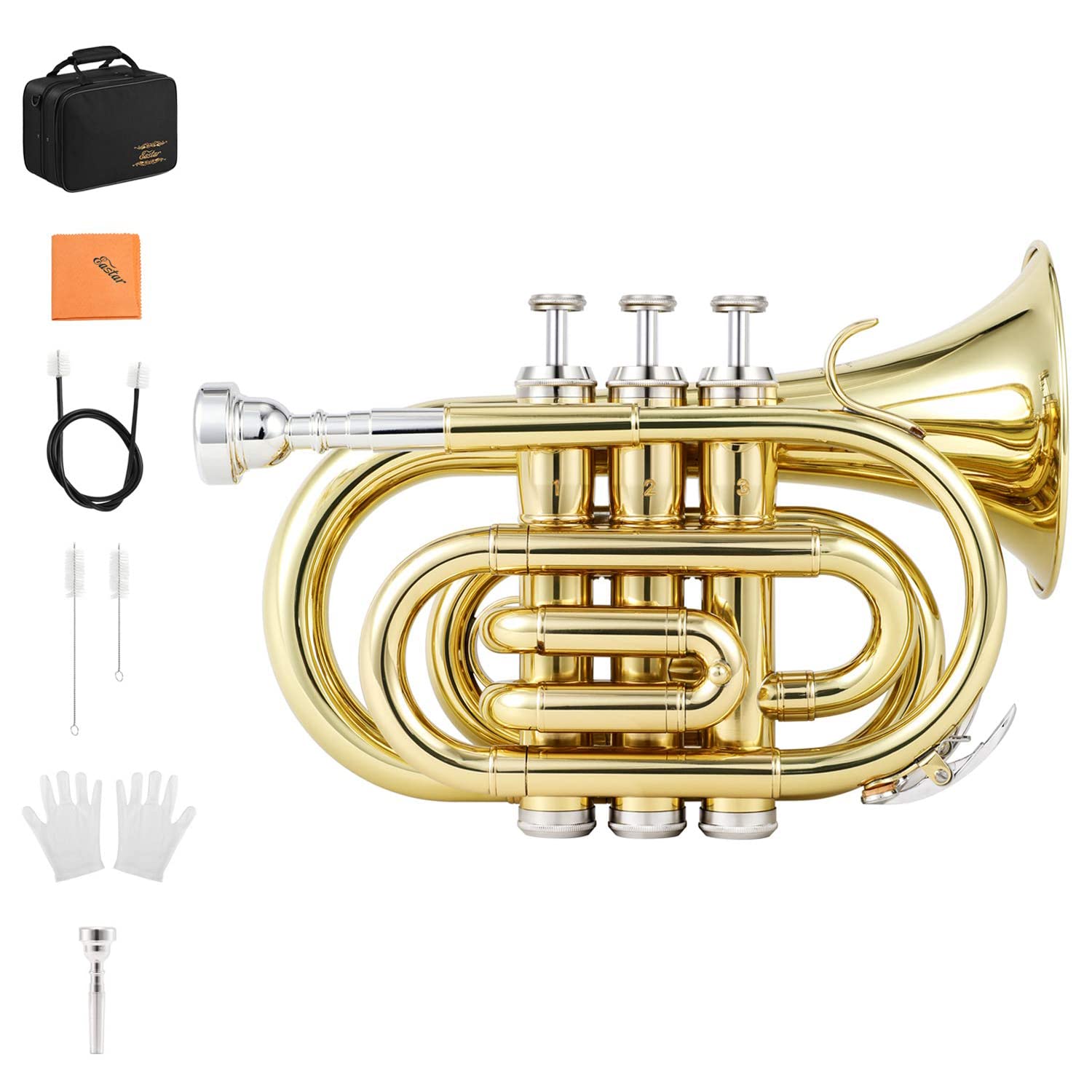 Eastar Bb Pocket Trumpet Brass, Golden, Case Full Kit, ETR-330