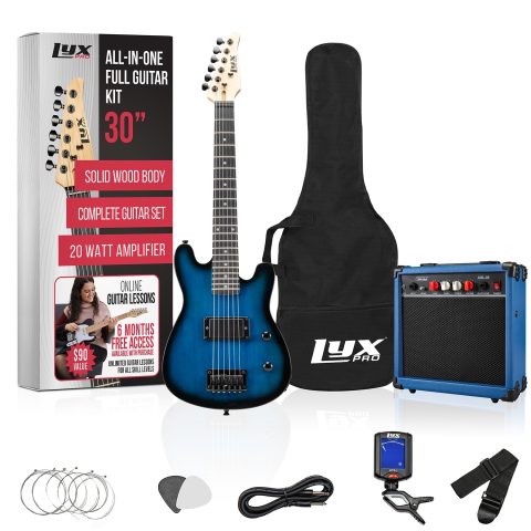 LyxPro 30 Inch Electric Guitar and Starter Kit for Kids with 3/4 Size Beginner’s Guitar, Amp, Six Strings, Two Picks, Shoulder Strap, Digital Clip On Tuner, Guitar Cable and Soft Case Gig Bag – Blue