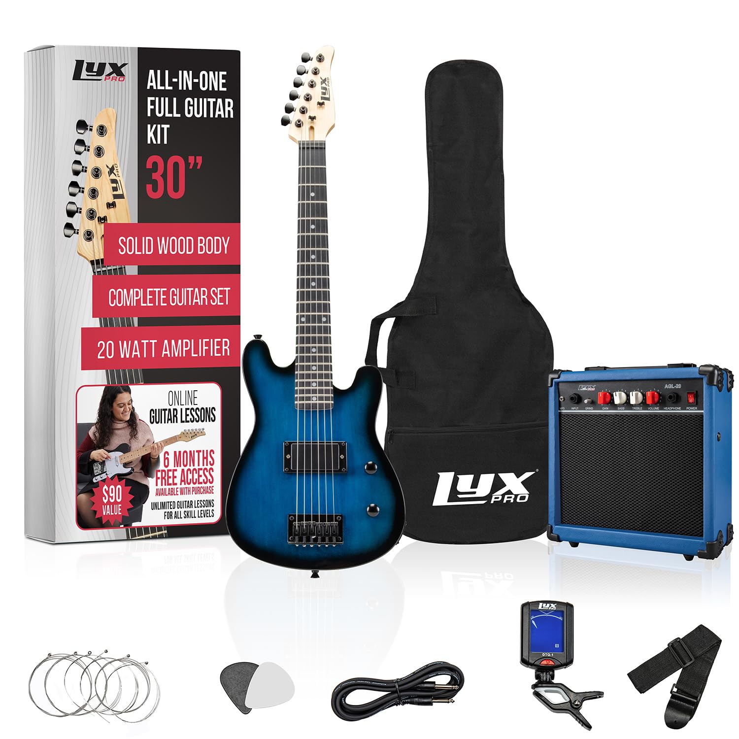 LyxPro 30 Inch Electric Guitar and Starter Kit for Kids with 3/4 Size Beginner’s Guitar, Amp, Six Strings, Two Picks, Shoulder Strap, Digital Clip On Tuner, Guitar Cable and Soft Case Gig Bag – Blue