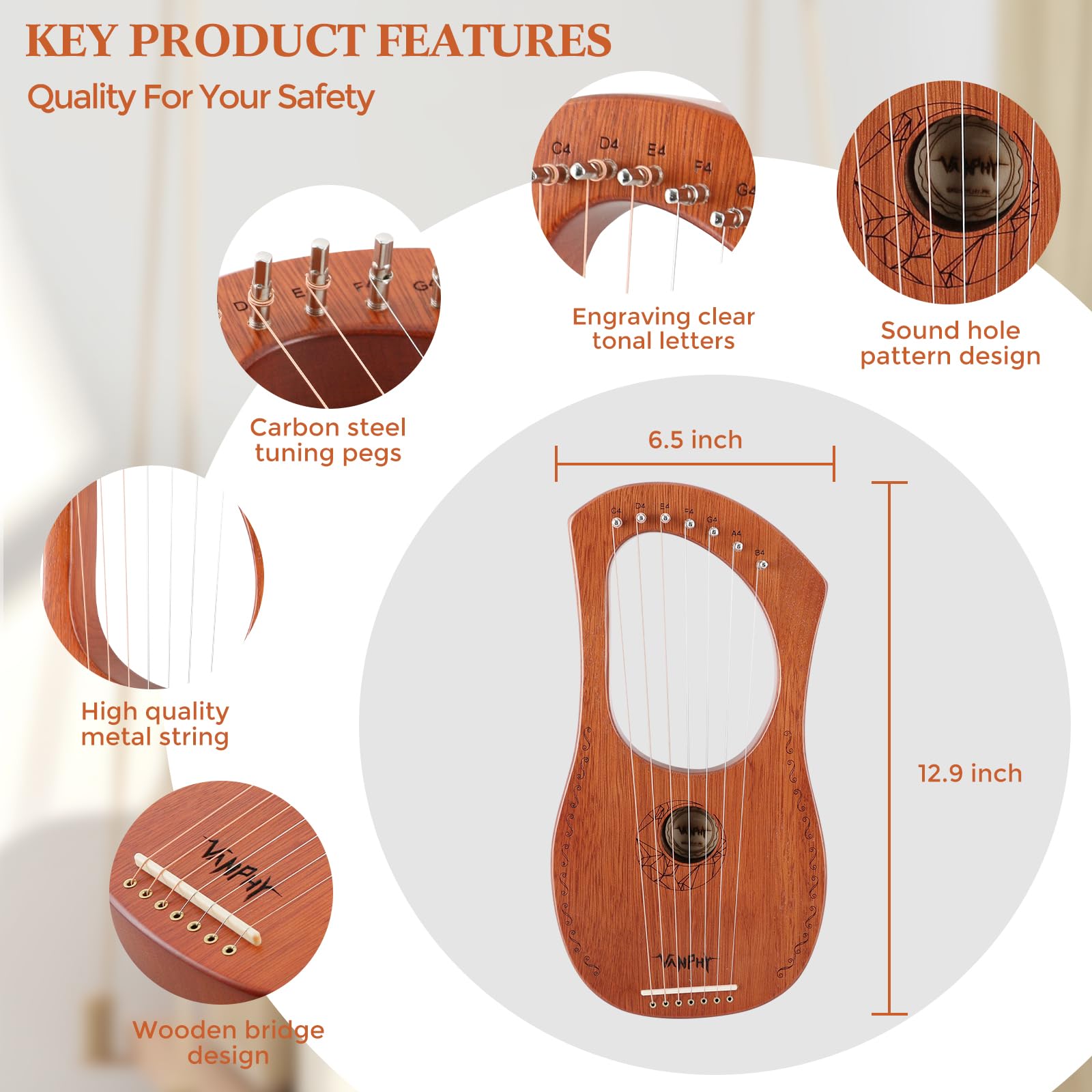 Lyre Harp VANPHY Lyre Harp 7 Strings Mahogany Body Metal String for Beginner Harps Classical Style Harp Instrument with Tuning Wrench Strings Gig Bag (Wood)