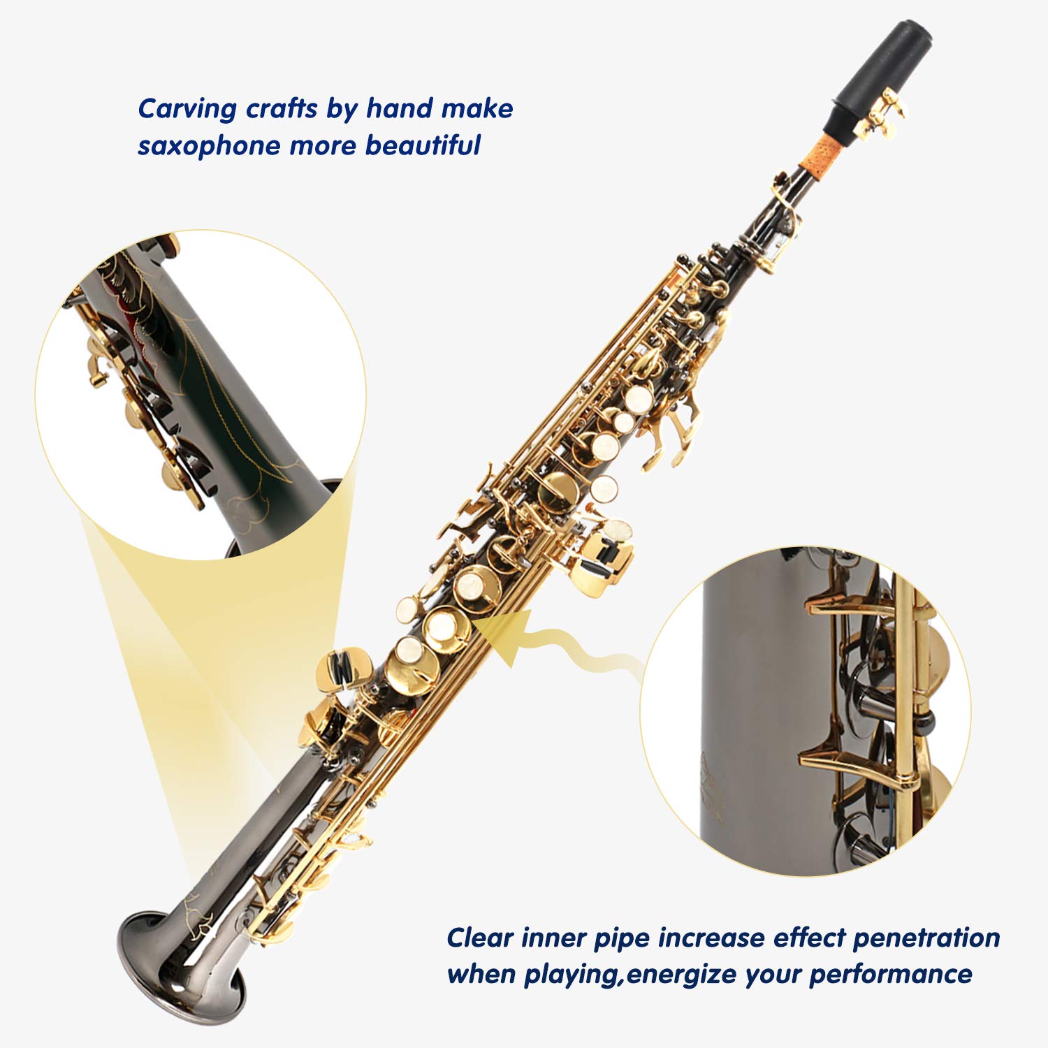 EASTROCK Bb Straight Soprano Saxophone Black Nickel for Beginners Students