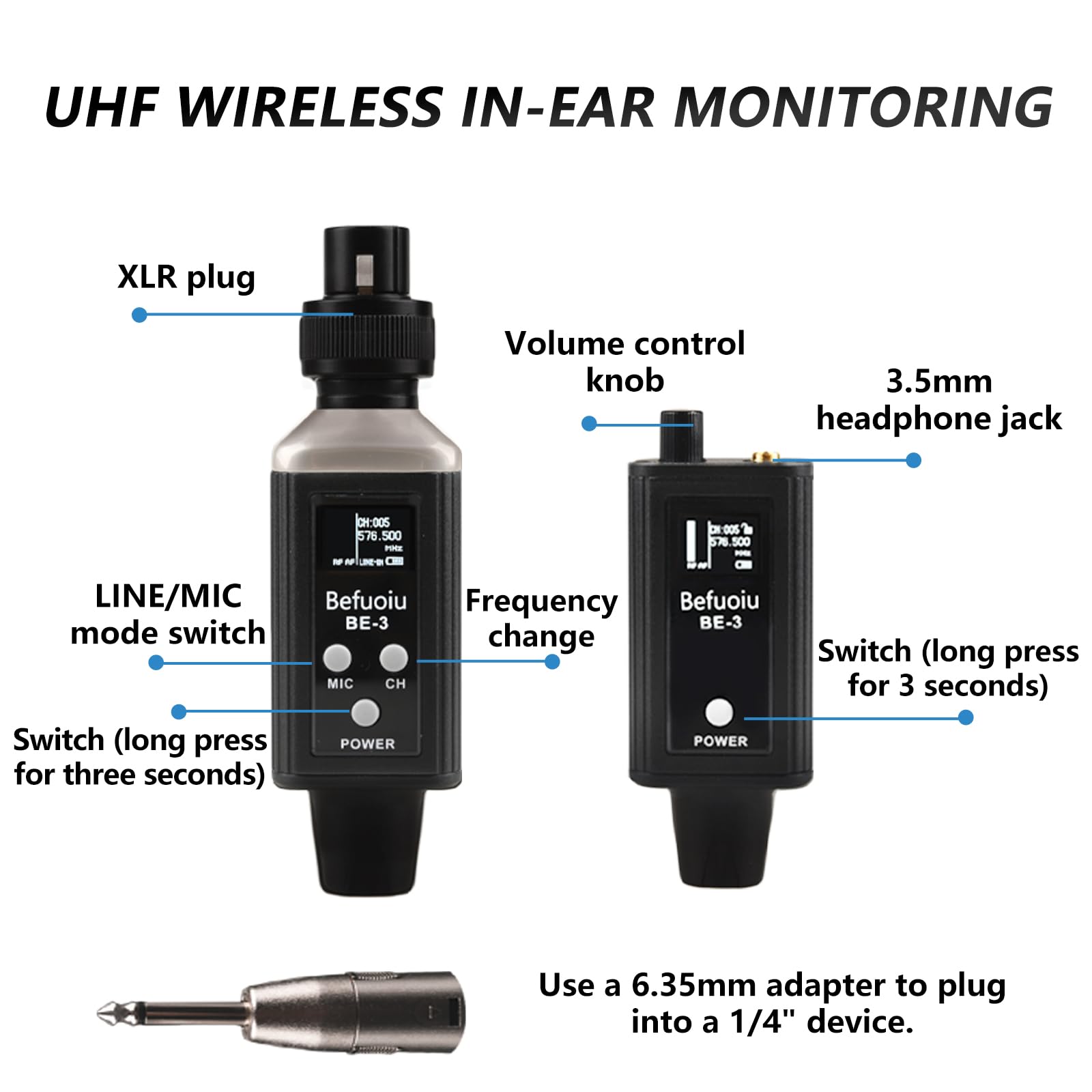 UHF Wireless In Ear Monitor System Metal, Professional Wireless IEM System, 16 Adjustable Channel, Portable Rechargeable Transmitter and bodypack Receiver for Studio, Band Rehearsal, Live Performance