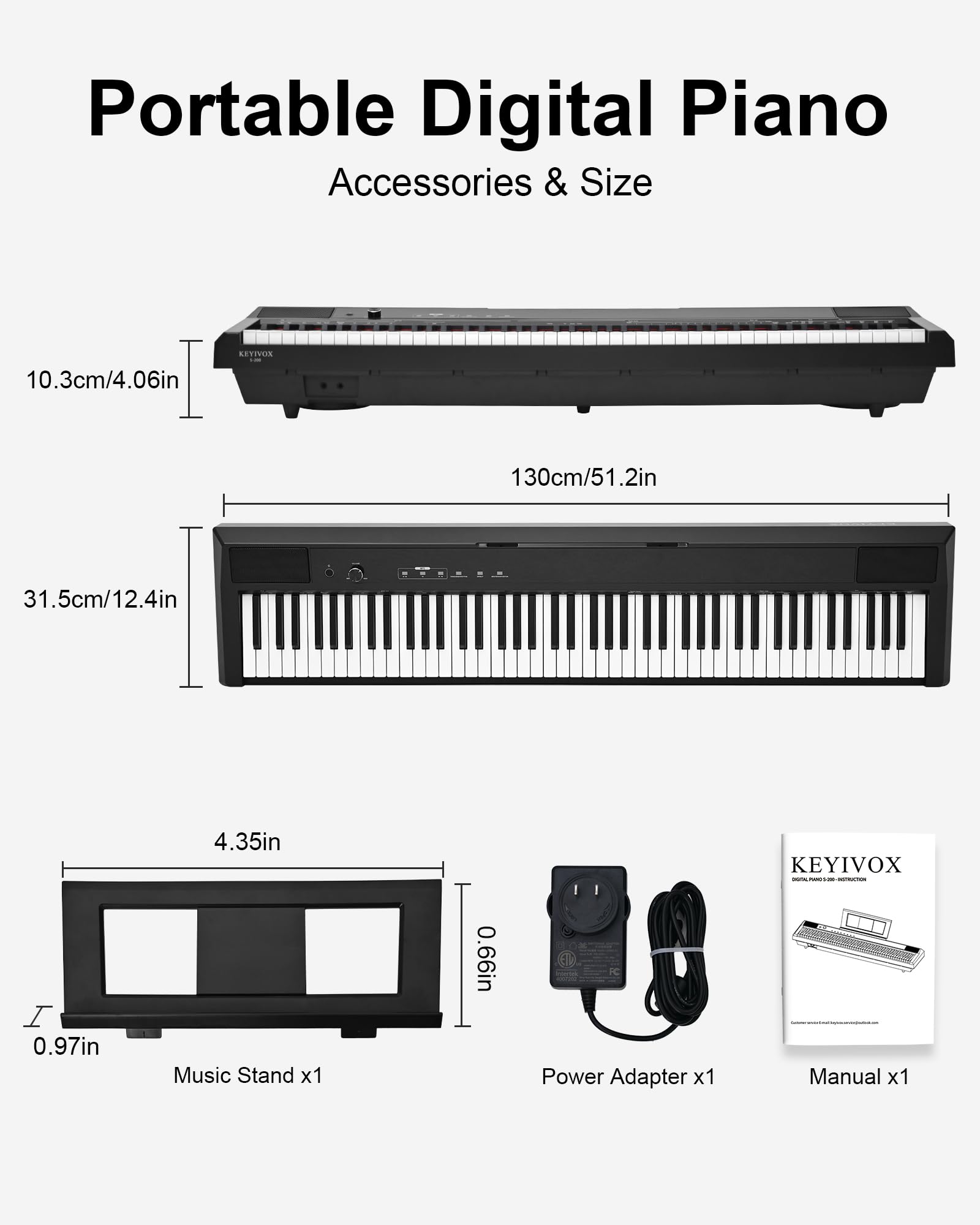 KEYIVOX S-200 Beginner Keyboard Piano – 88 Key Full-Size Weighted Digital Piano, Portable Electric Piano with Sustain Pedal, Power Supply, Dual Headphone Jack, USB-MIDI, and MP3 Player,Black