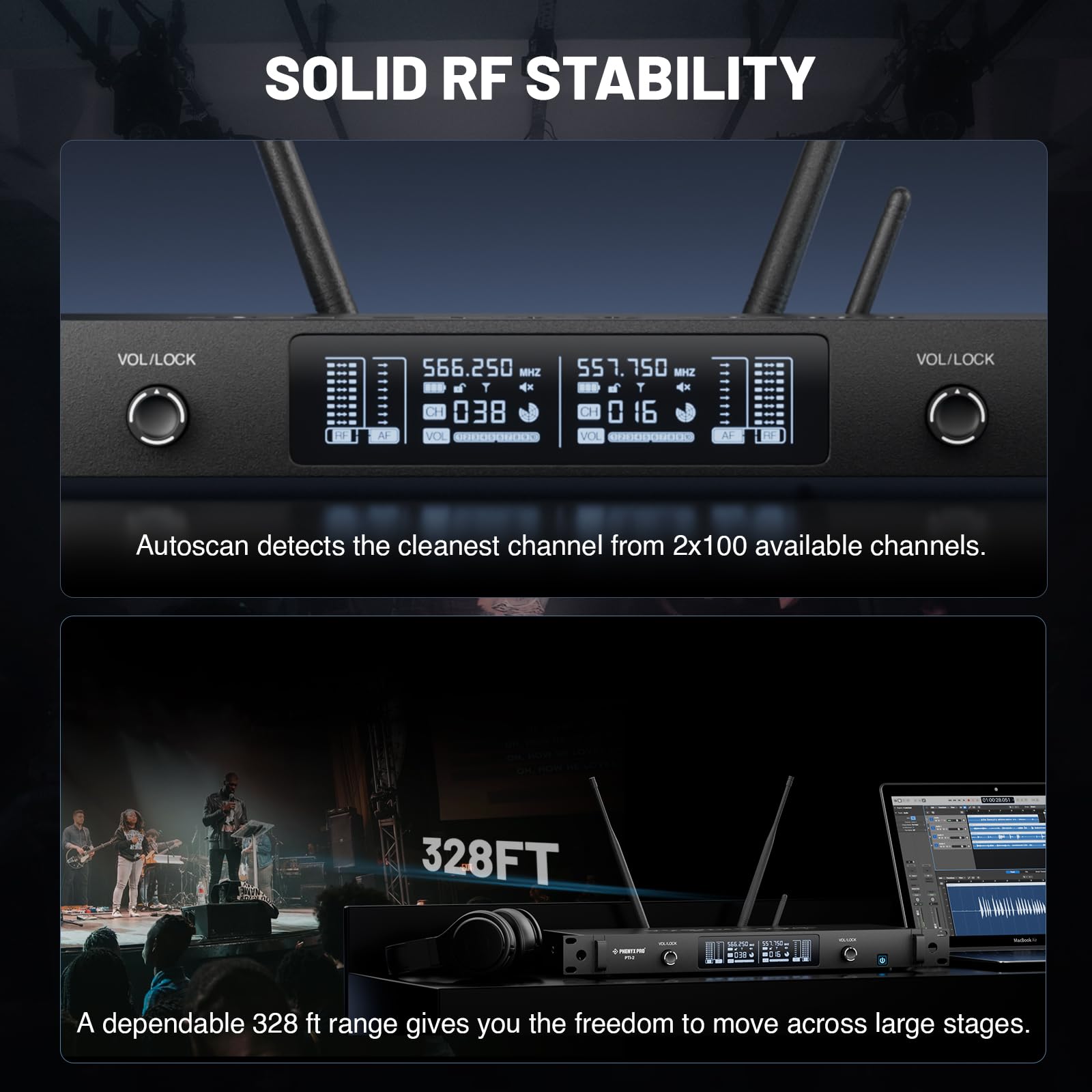 Phenyx Pro UHF Dual Auto Scan Talkback Smart Wireless Mic System PTI-2