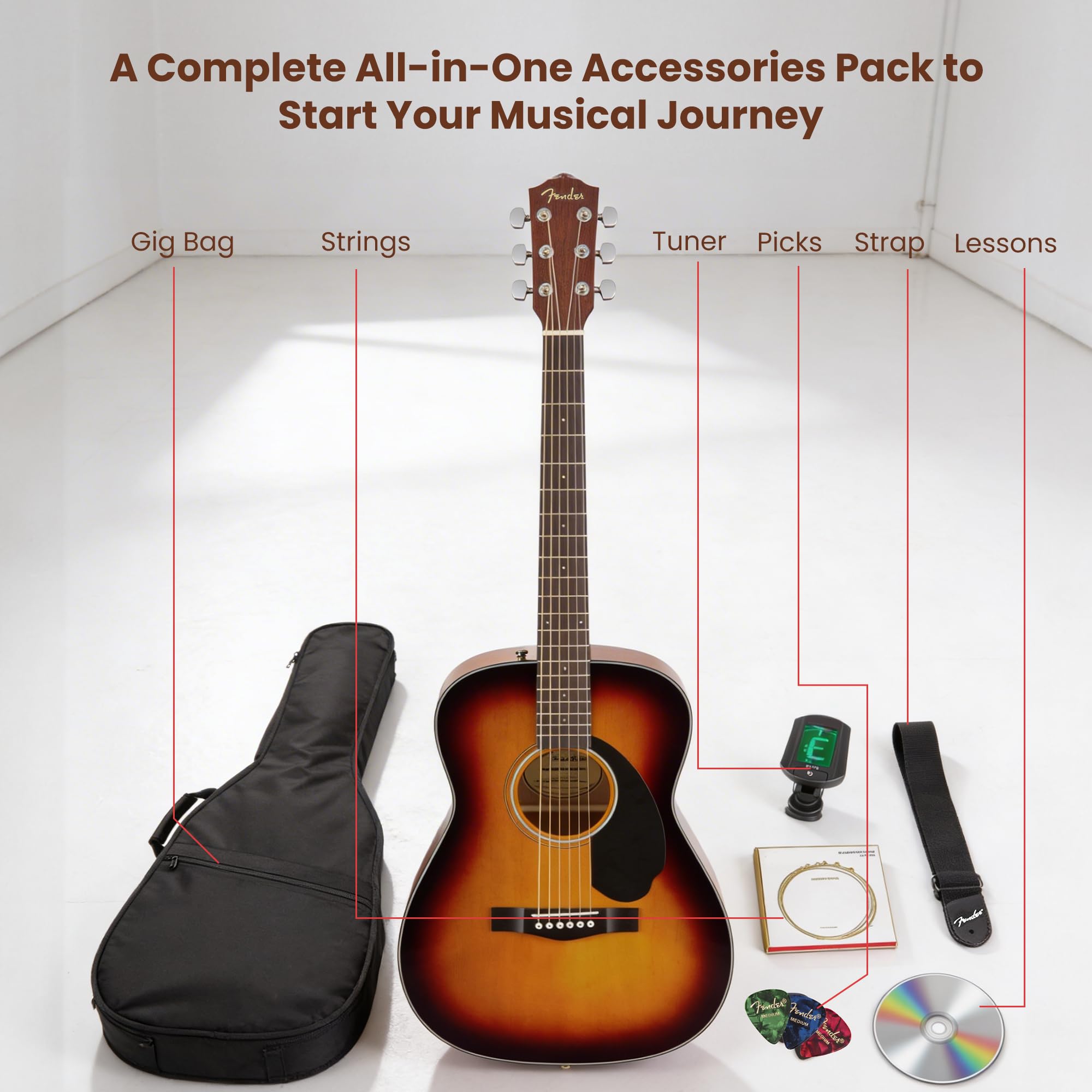 Fender CC-60S Left-Handed Concert Size Acoustic Guitar Bundle with Gig Bag, Tuner, Strap, Strings, Picks, and Austin Bazaar Instructional DVD – Natural