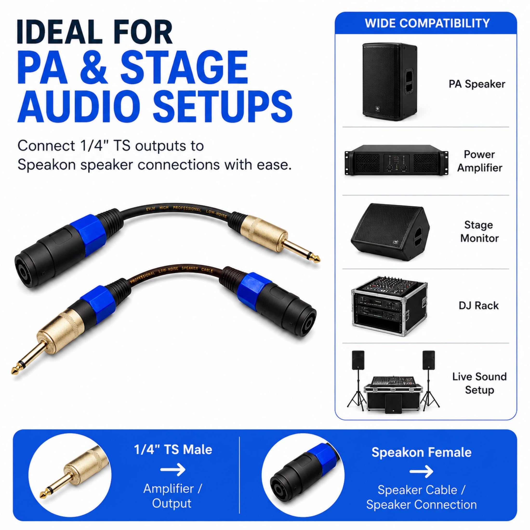 KOOKFJLLZ 12AWG OFC 1/4″ TS Male to Speakon NL4 Female Cable – 6 Inch 6.35mm Speaker Cable 2 Pack for QSC, Crown, Yamaha Power Amplifiers, PA Systems & Stage Monitors