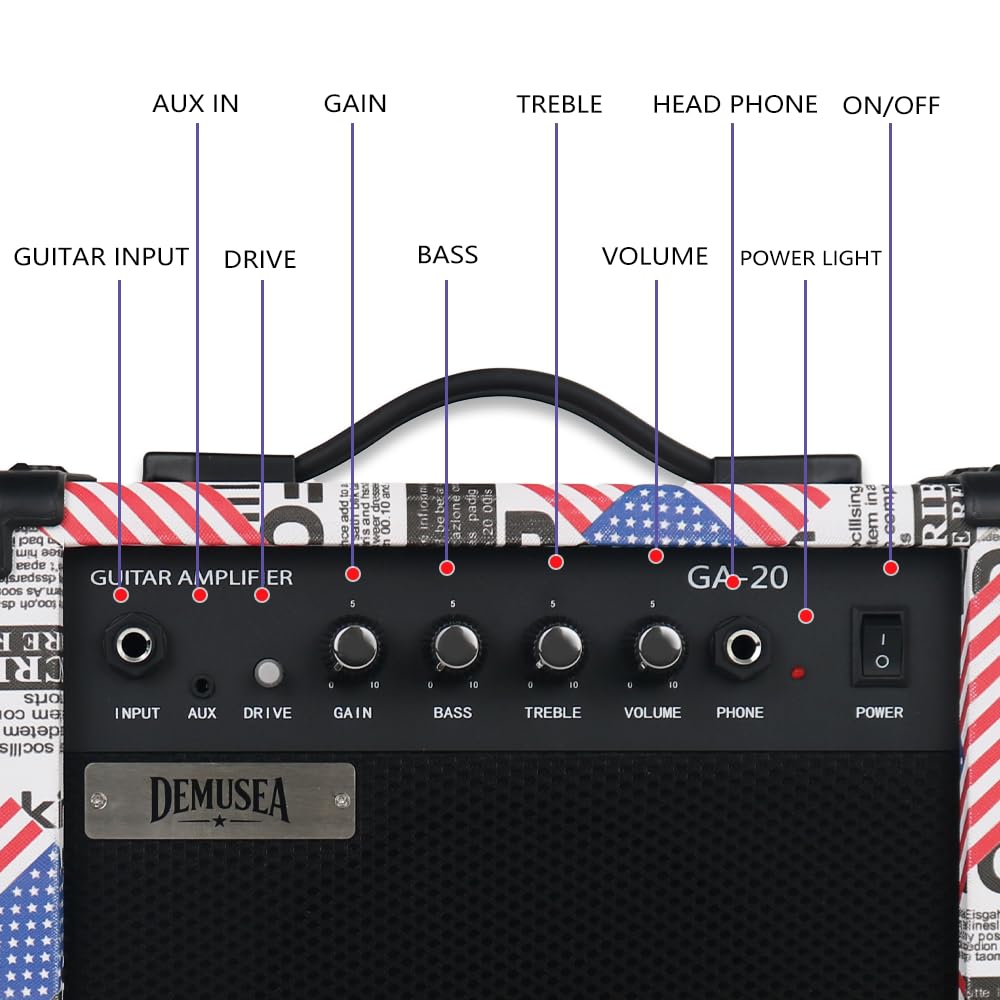 Demusea Flag Veneer Top Electric Guitar With 20W Amplifier Kit Solid Wood Build Capo Strap Bag String Picks Included Practice Bundel (ST, Flag)