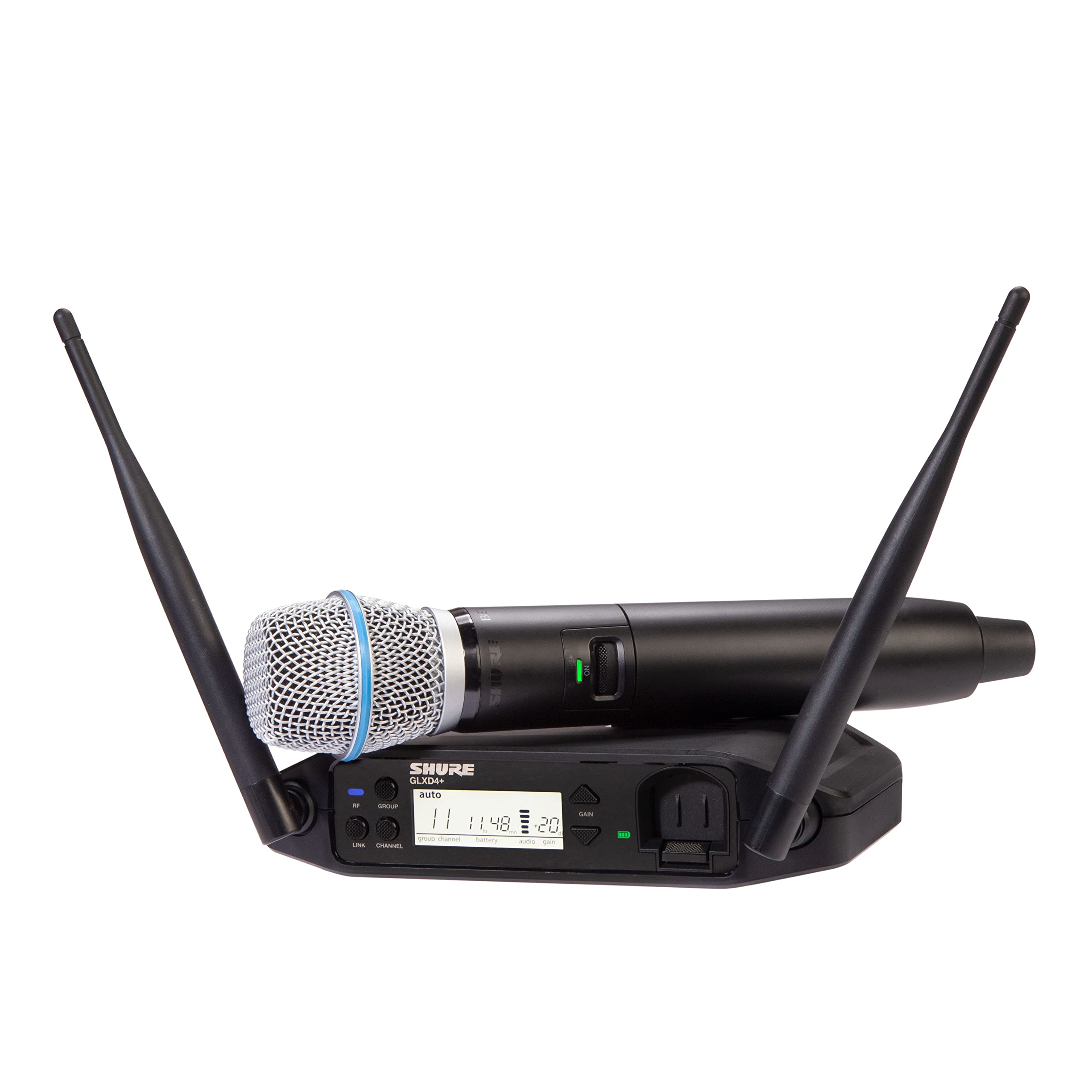 Shure GLXD24+/B87A Dual Band Pro Digital Wireless Microphone System – 12-Hour Battery, 100ft Range with BETA 87A Handheld Vocal Mic & Single Channel Receiver