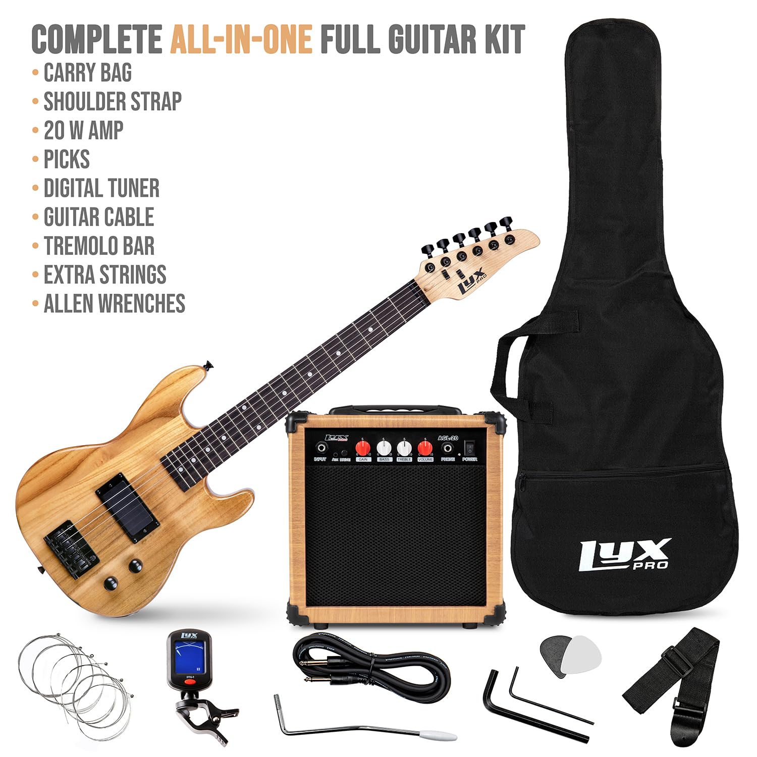 LyxPro 30 Inch Electric Guitar and Starter Kit for Kids with 3/4 Size Beginner’s Guitar, Amp, Six Strings, Picks, Shoulder Strap, Digital Clip On Tuner, Guitar Cable and Soft Case Gig Bag – Natural