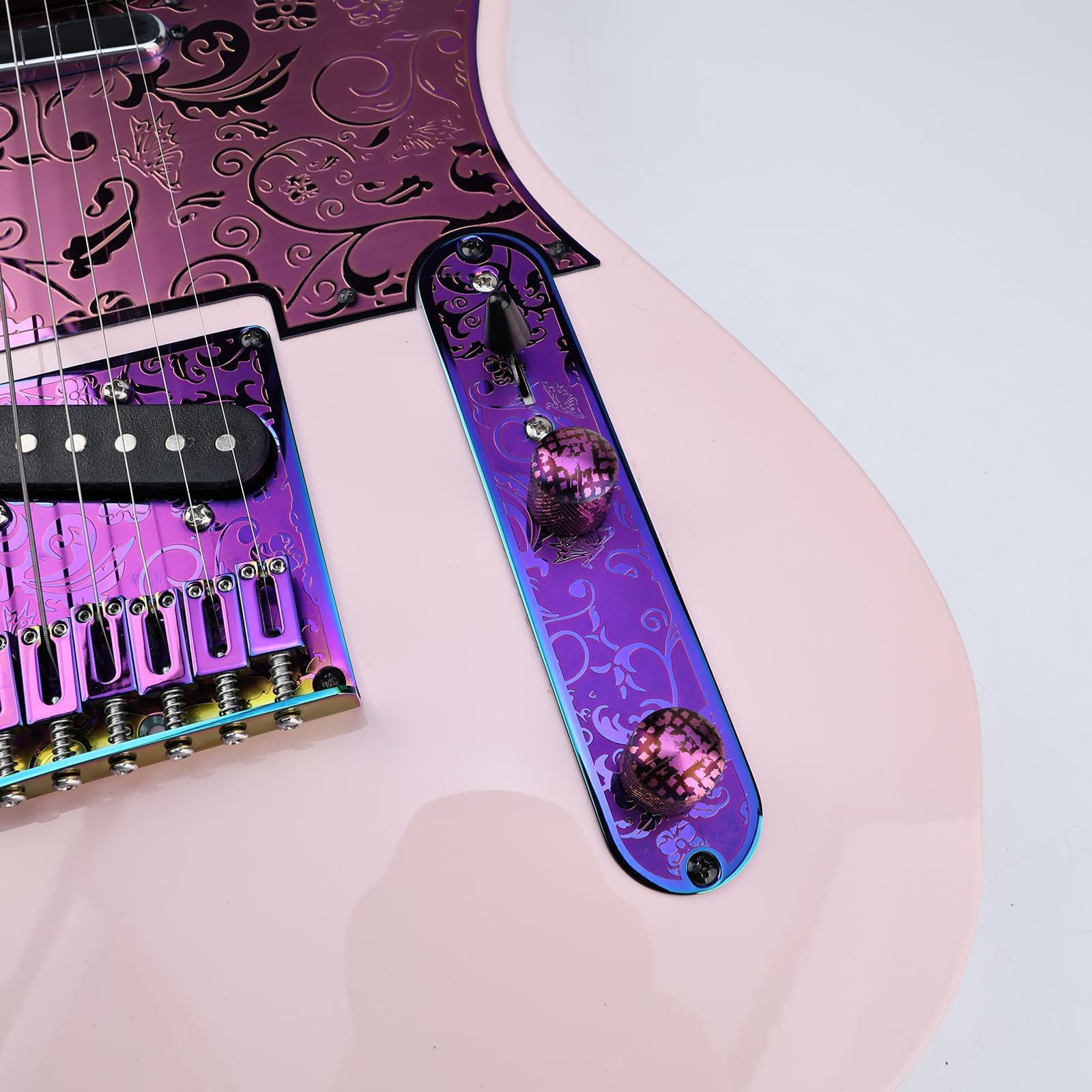 OVSAL Stainless Steel Engraved Telecaster Control Plate 2-Hole Mount 9.5mm (3/8″) CNC Electric Guitar Control Plate Compatible with Most Fender Tele Style Guitar Replacement Parts(Purple)