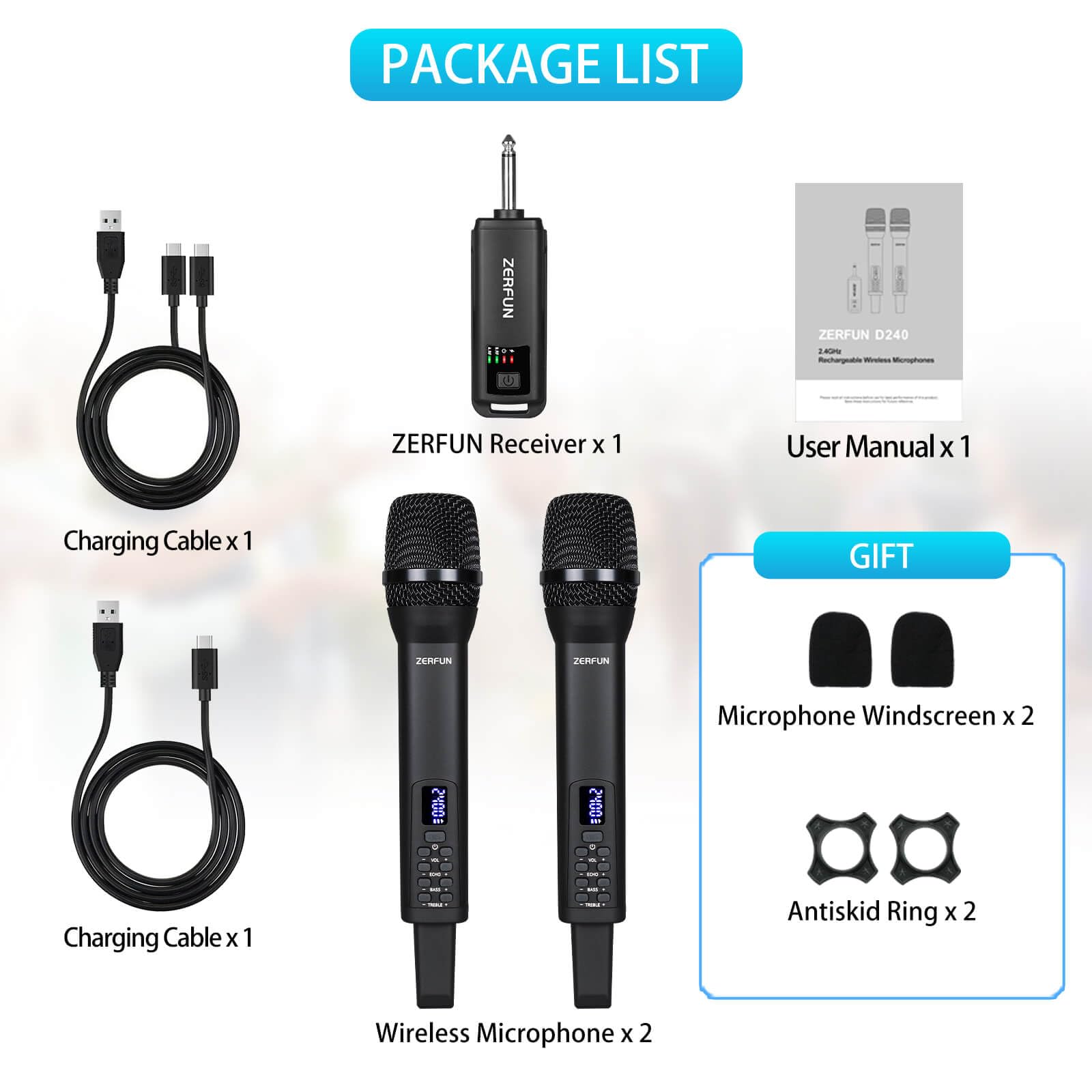 ZERFUN Dual Rechargeable Wireless Microphones, Black