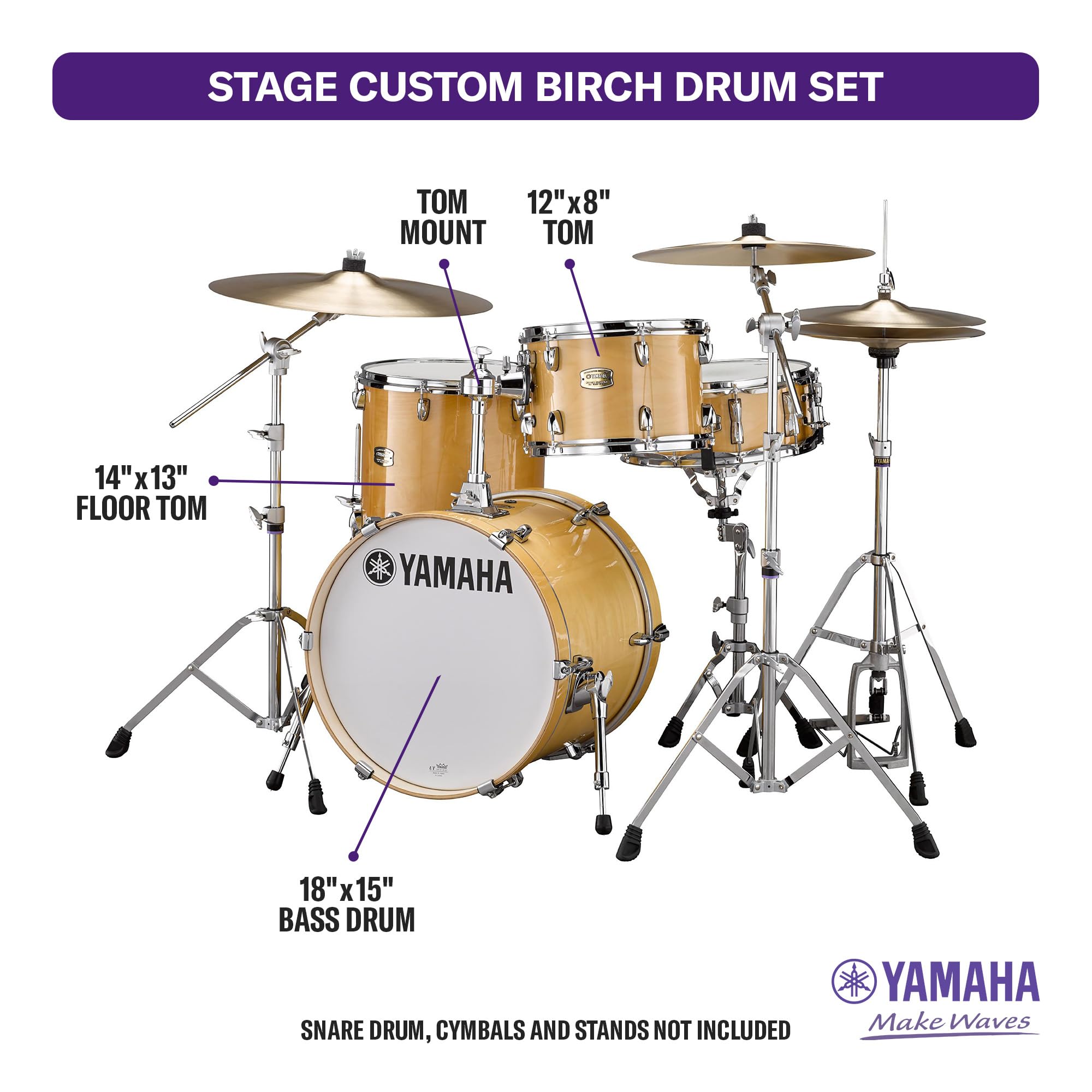 Yamaha Stage Custom Birch 3pc Bop Drum Shell Pack – 18″ Kick, Natural Wood