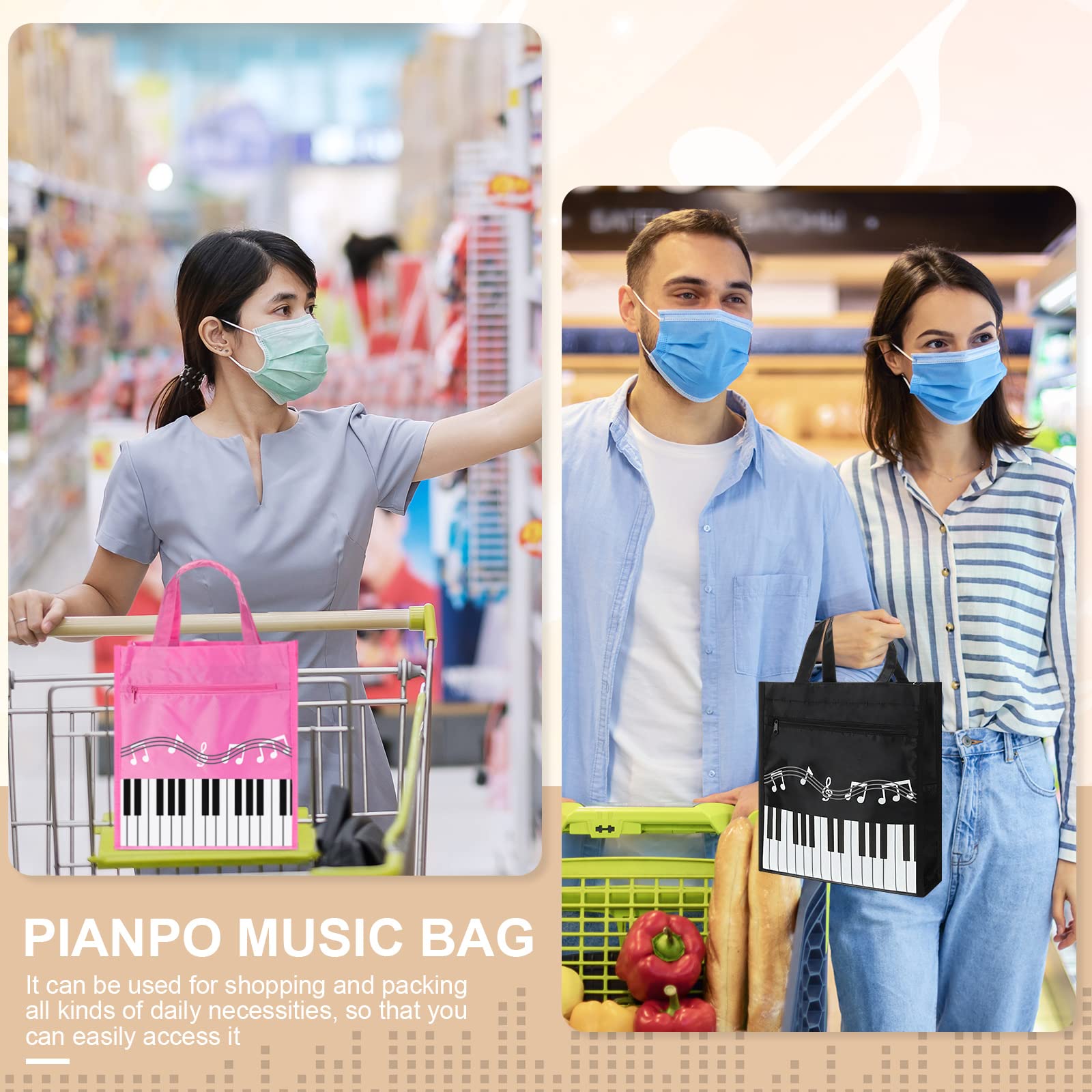 Cunno 3 Pcs Piano Keys Handbag Reusable Tote Bag Shoulder Shopping Bag for Music Teacher Gifts