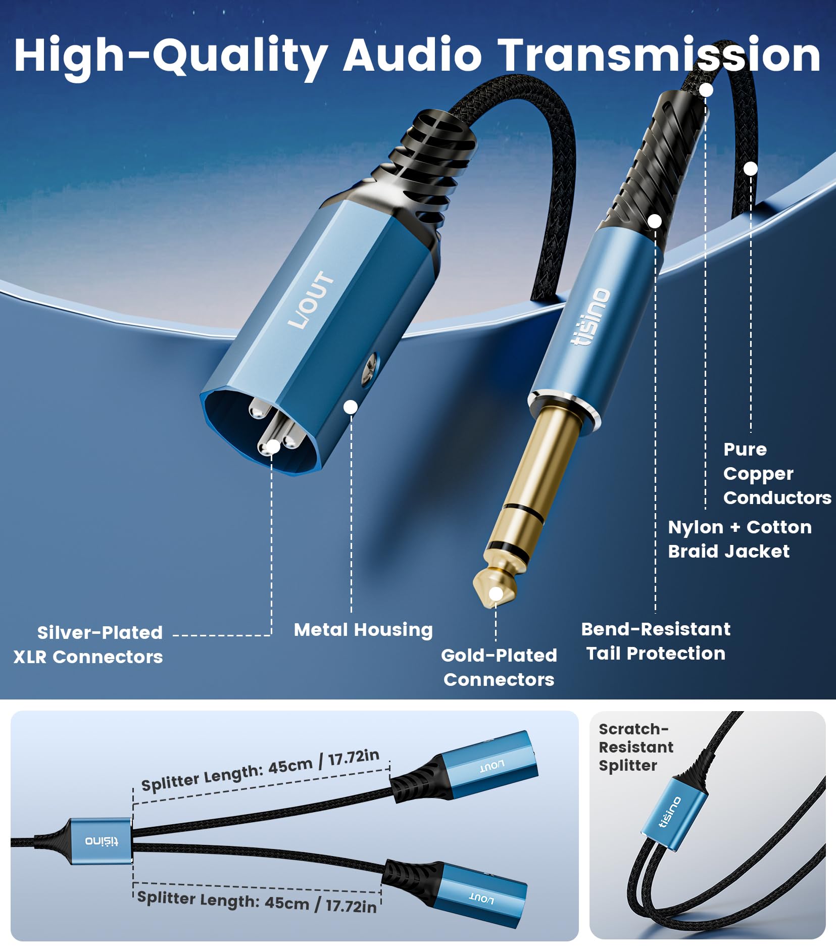 Tisino 1/4″ TRS to Dual XLR Male Stereo Y-Splitter Breakout Cable, 6.6FT