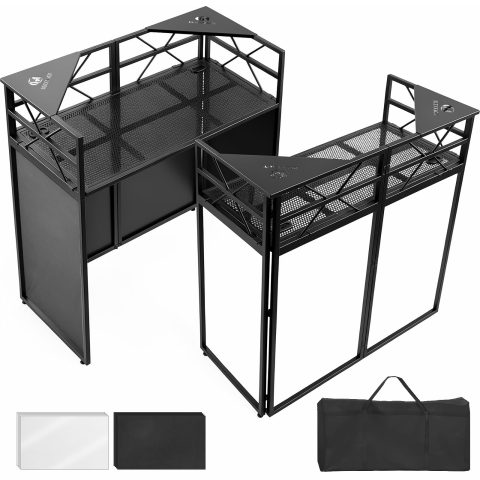 DJ Booth – Adjustable Height (33inch / 37.8inch), Portable DJ Table Stand with Carry Bag, Black & White Blackout Cloth, Foldable DJ Facade Booth for Event, Parties, Festival, Clubs (41.1 x 20.5inch)