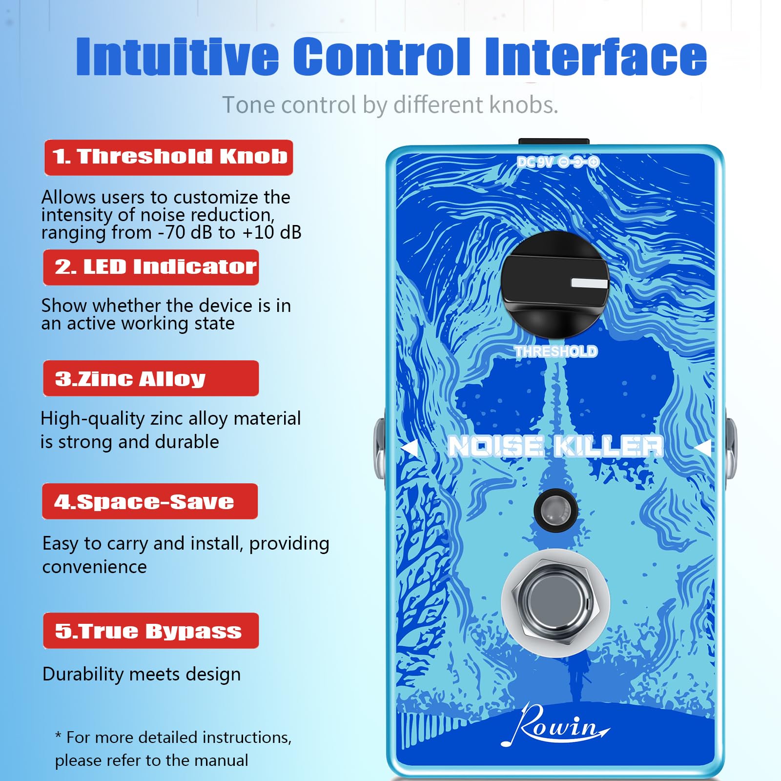 Rowin Noise Killer Guitar Noise Reduction Pedal, True Bypass Noise Suppressor with Adjustable Threshold, Zinc Alloy Full Size Effect Stompbox RE-03