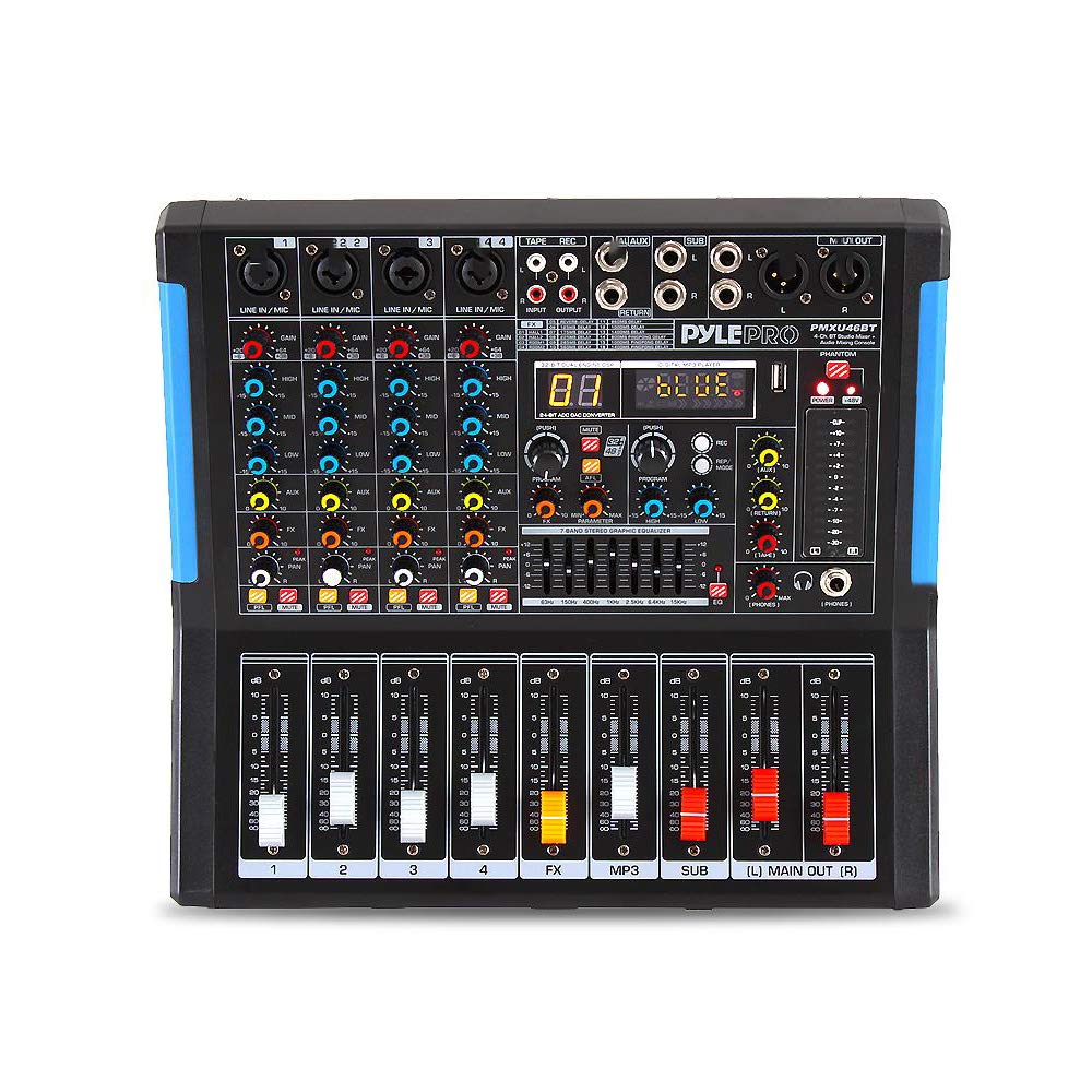 Pyle 4-Channel Bluetooth Studio Audio Mixer-DJ Sound Controller Interface with USB Drive for PC Recording Input, XLR Microphone Jack,48V Power,Input/Output for Professional and Beginners – PMXU46BT