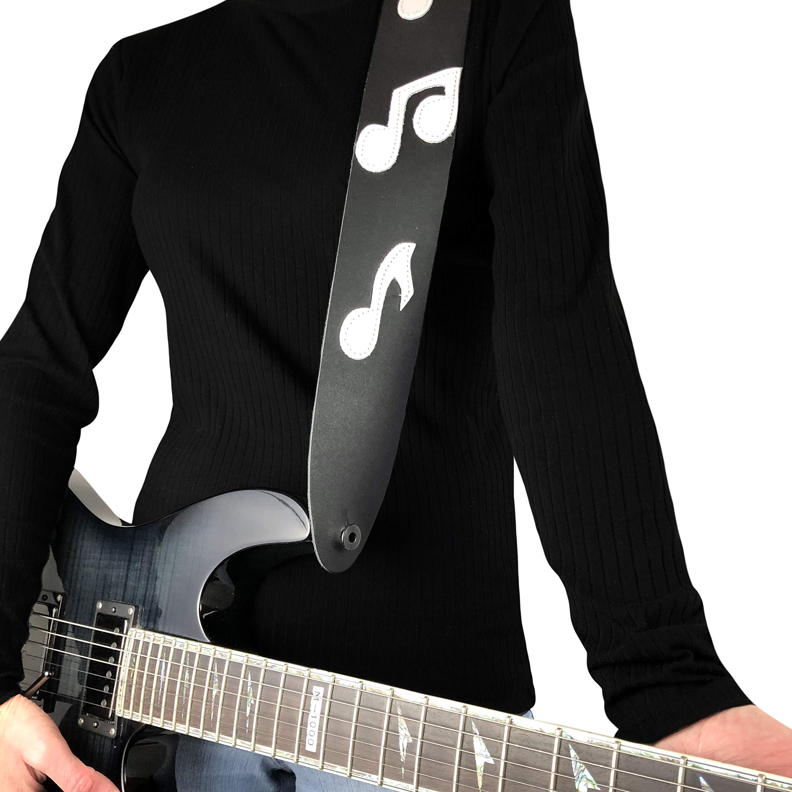 Perri’s Leathers, 41″-56″, Black & White, The Famous Collection, Leather Guitar Strap, Adjustable, Durable Design, Acoustic & Bass Guitar Straps for Electric, Musical Notes Themed