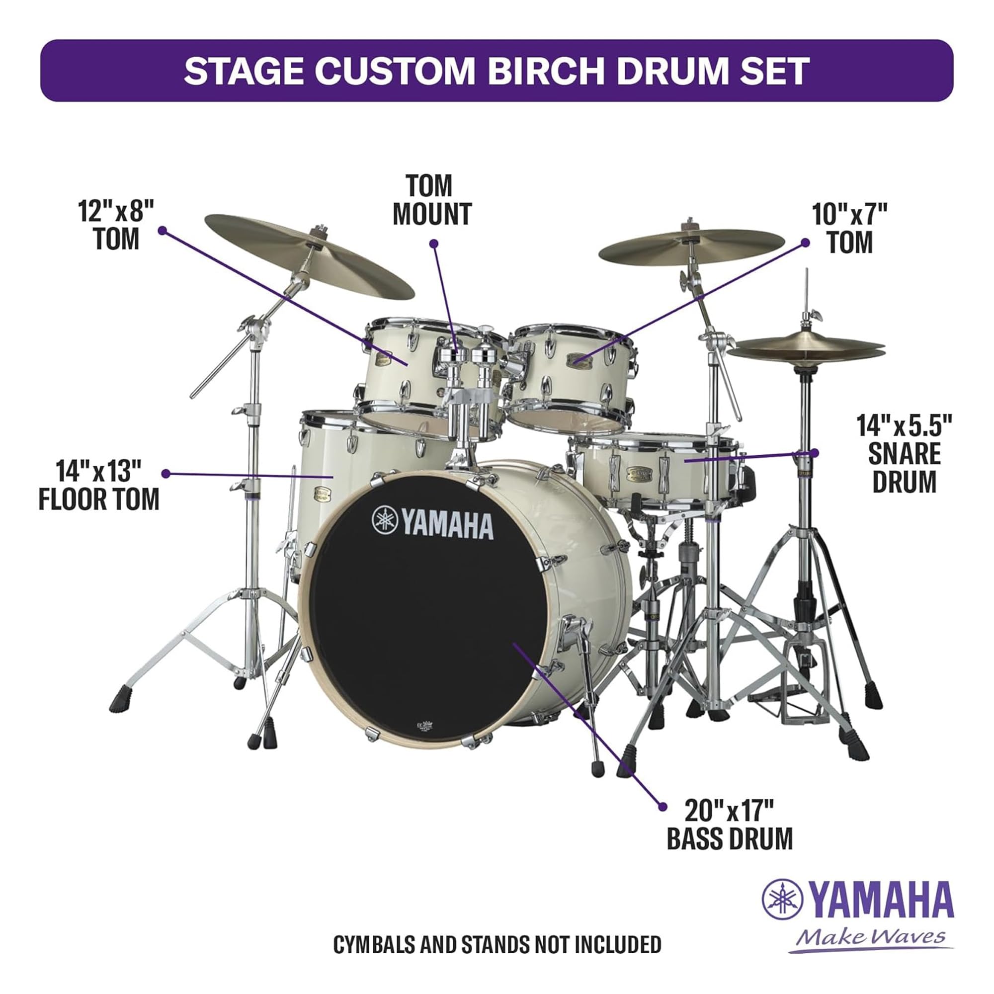 Yamaha SBP0F50CLW Stage Custom Birch 5pc Drum Shell Pack With a 20″ Kick Drum and 14? Snare Drum in Classic White For Students and Working Drummers ()