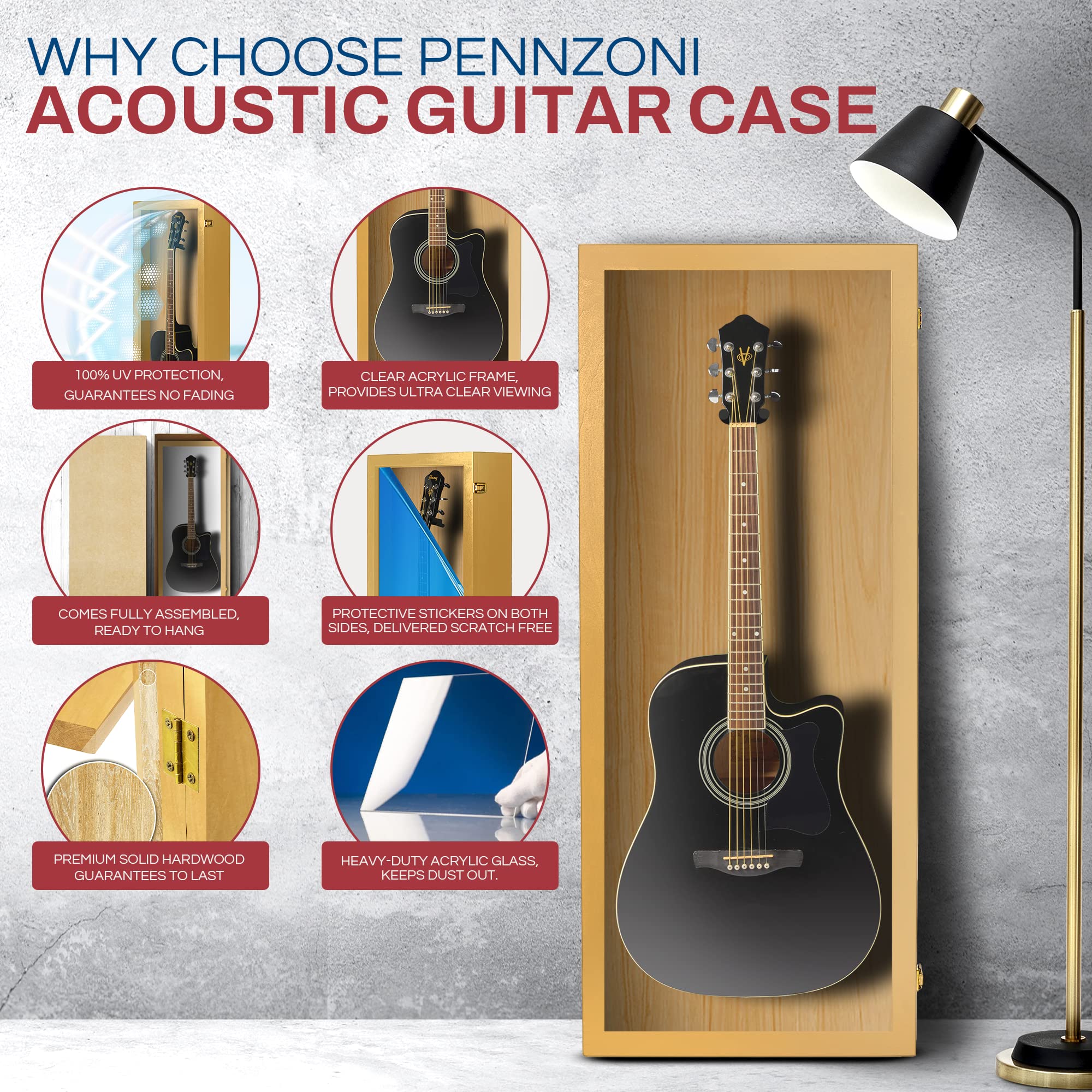 PENNZONI Acoustic Guitar Display Case – Acrylic Acoustic Guitar Case – Guitar Display Case Wall Mount Made from Hardwood Frame & Clear Acrylic – Golden Oak w/No Felt