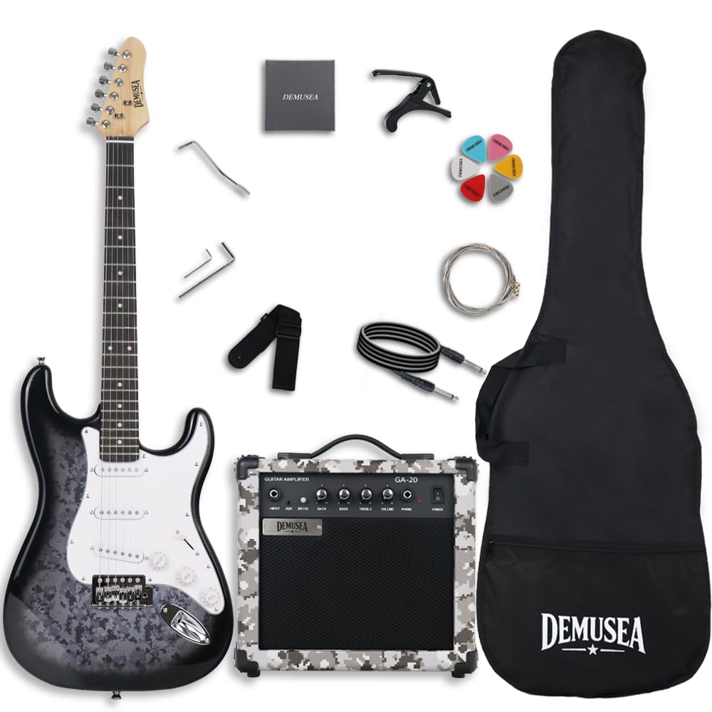 Digital Camouflage Black Full‑Size Beginner Kit Electric Guitar Set with 20W Amplifier Gig Bag Capo Extra Strings Strap Picks Noiseless Cable(ST.Camo Grey)
