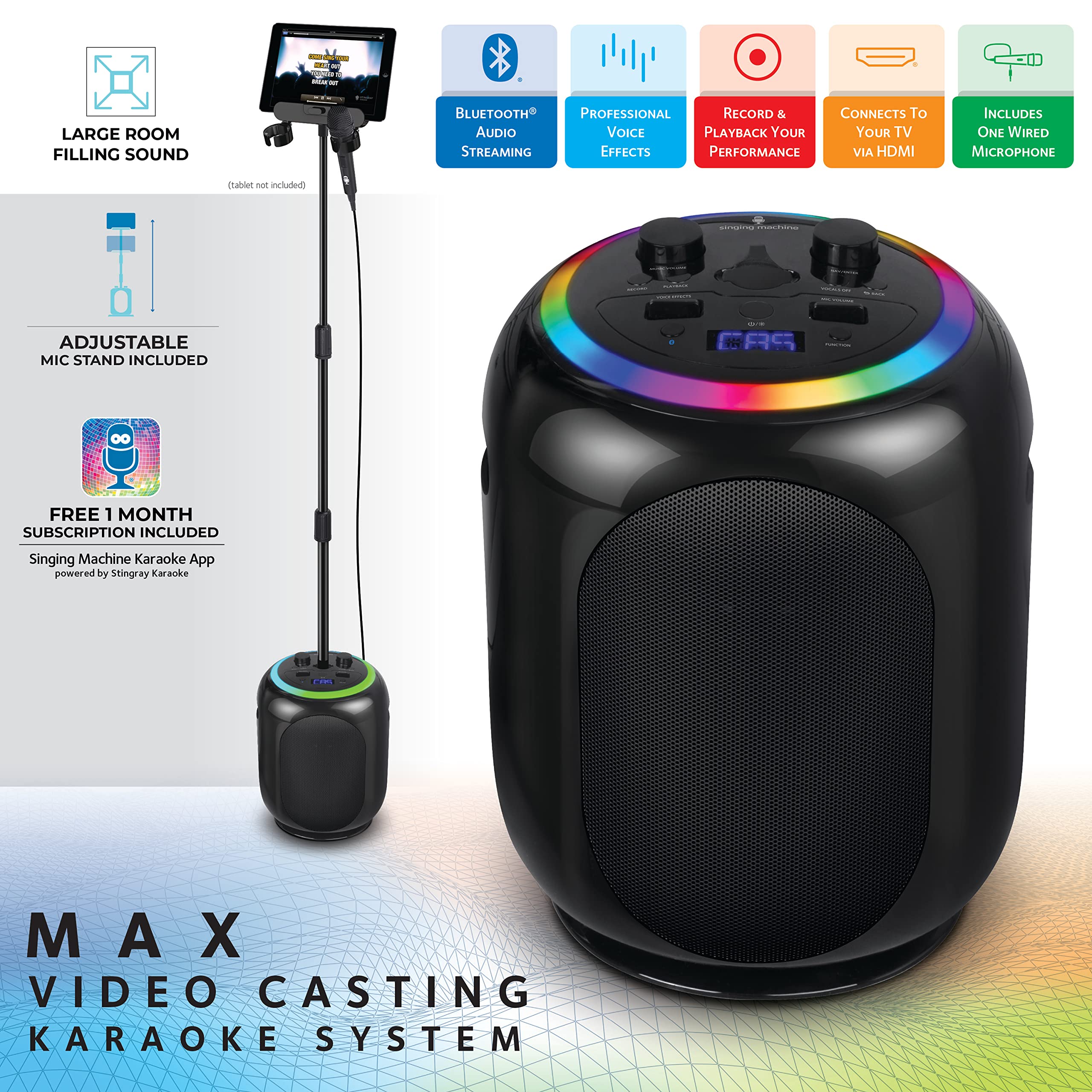 Singing Machine SingCast MAX Bluetooth Video Casting Karaoke Machine, Party Speaker, Microphone, 22 Voice Effects, Pitch Correction, Lights, Stand, 35W Sound for PA System Function for Adults & Kids