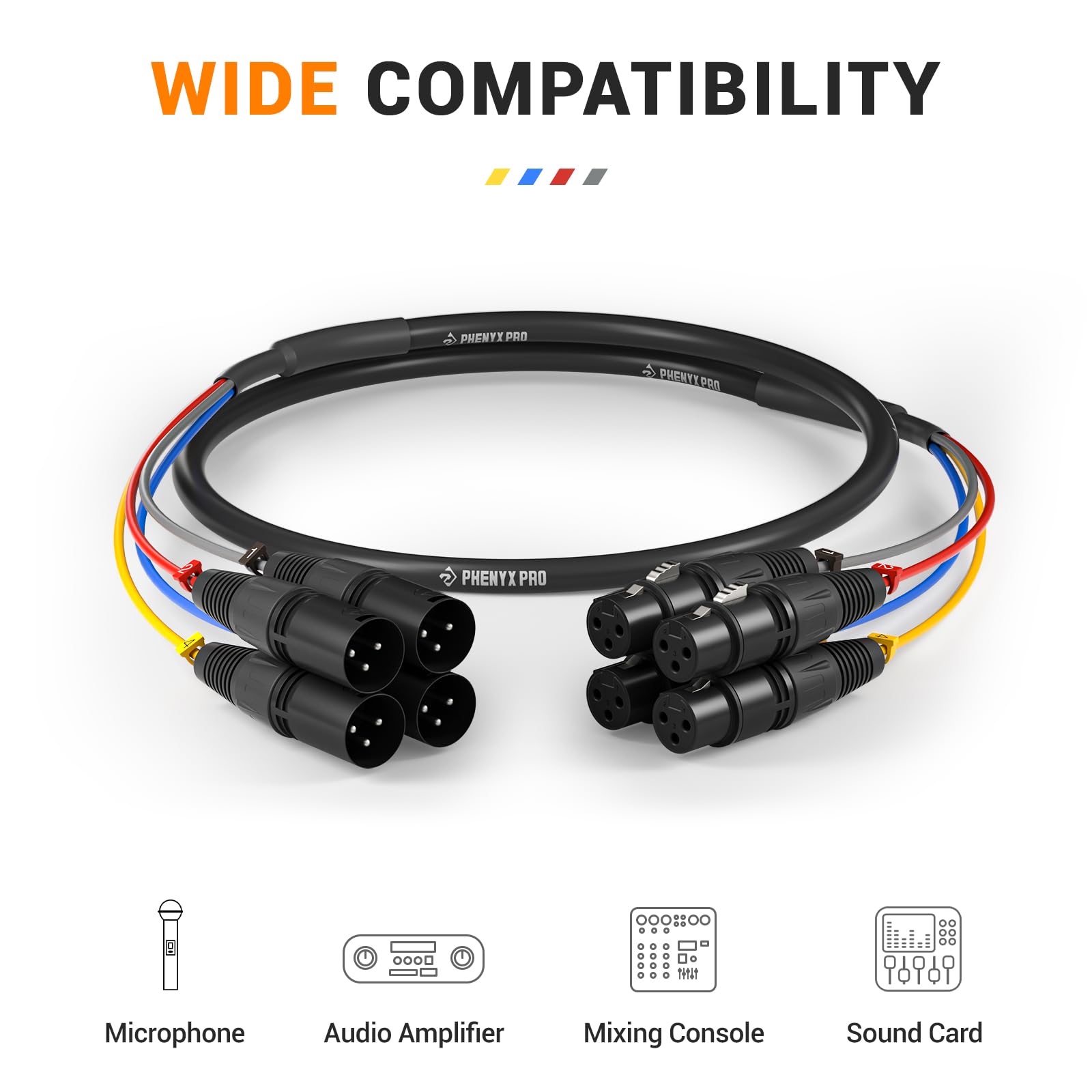 Phenyx Pro 4-Channel 3 ft XLR Microphone Snake Cable PCBL-4IN1-3-V2