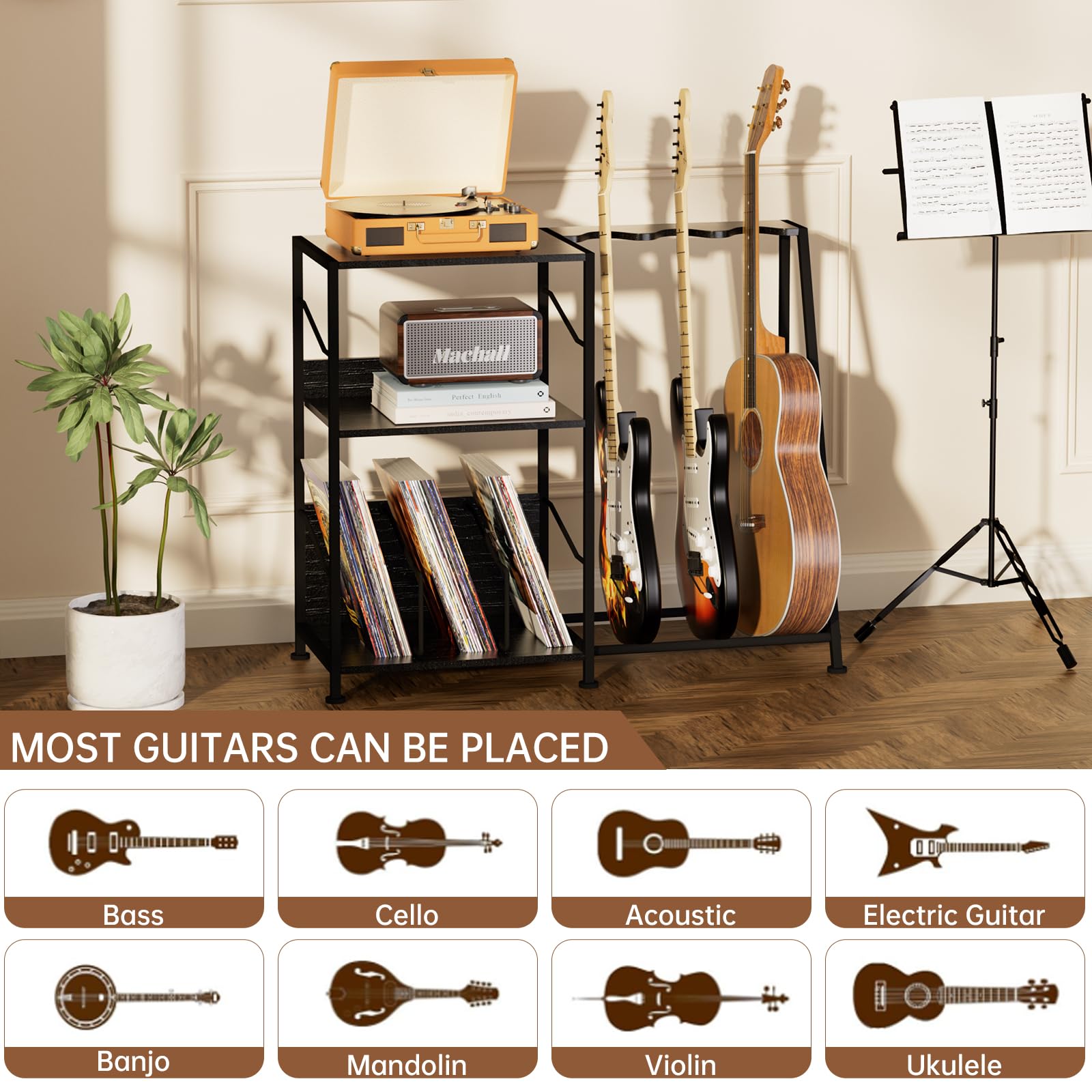 Hosfais Record Player Stand, 3 Tier Guitar Stand for Acoustic, Electric Guitar, Bass Stand, Vinyl Record Storage Up to 200 Albums, Brown Records Shelf for Living Room Bedroom (Vintage Brown)