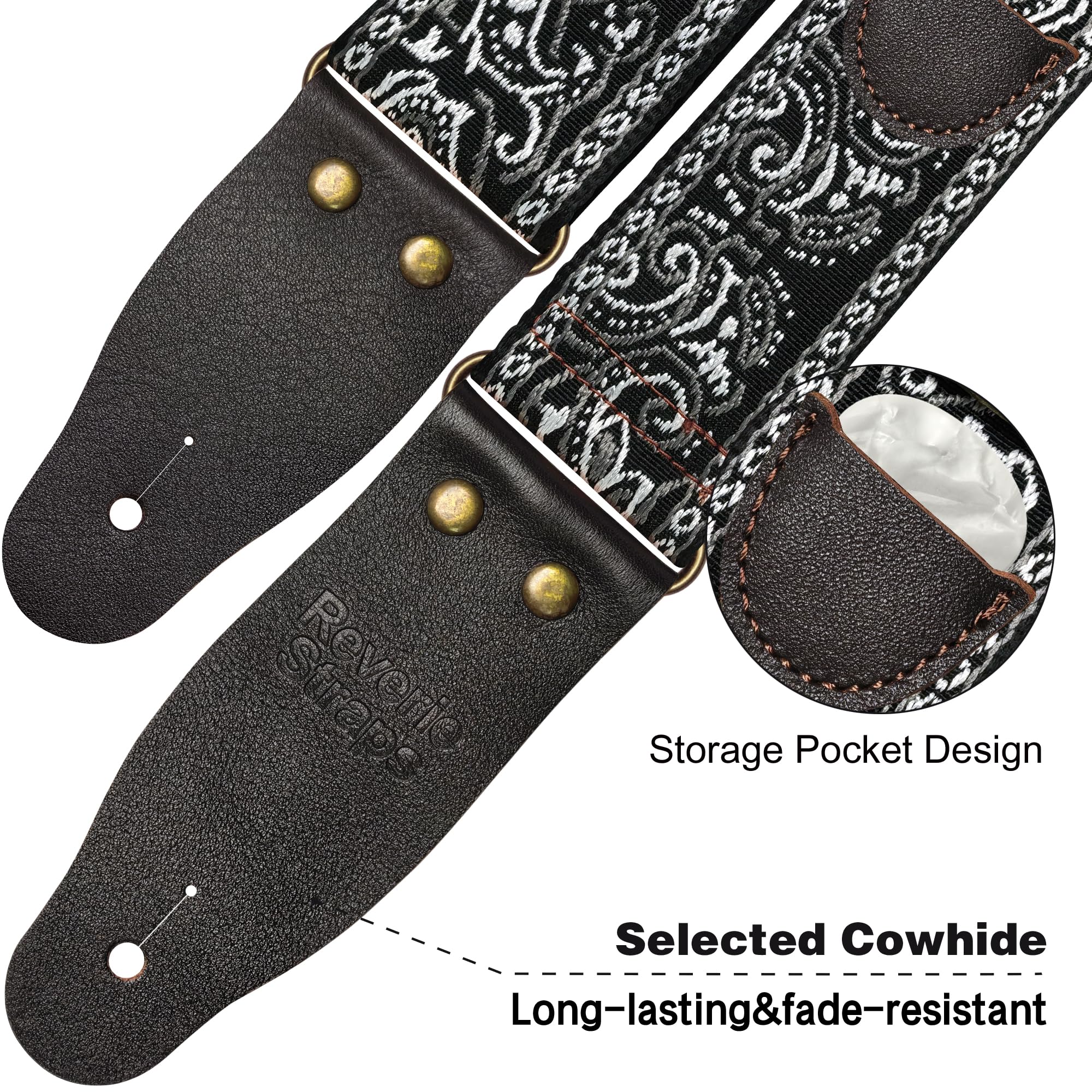 72 Inch Guitar Strap, Vintage Black White Paisley Jacquard Woven Adjustable Strap with Premium Genuine Cowhide Leather Ends, Strap Locks & Picks for Acoustic Electric Bass (Black and white)