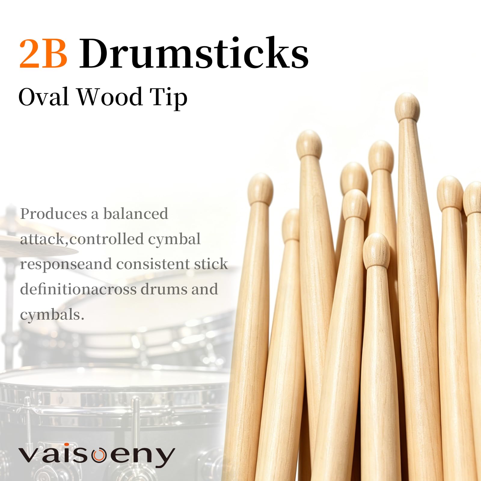 VAISOENY Drum Sticks, Maple Wood 2B Drumsticks with Oval Tip, 12 Pairs