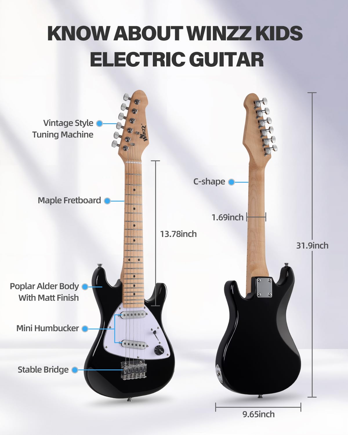 Winzz 30 Inch Kids Electric Guitar Beginner Kit, Junior 1/4 Size Mini Electric Guitar for Children Complete Stater Set with Amp, Gloosy Black Colour