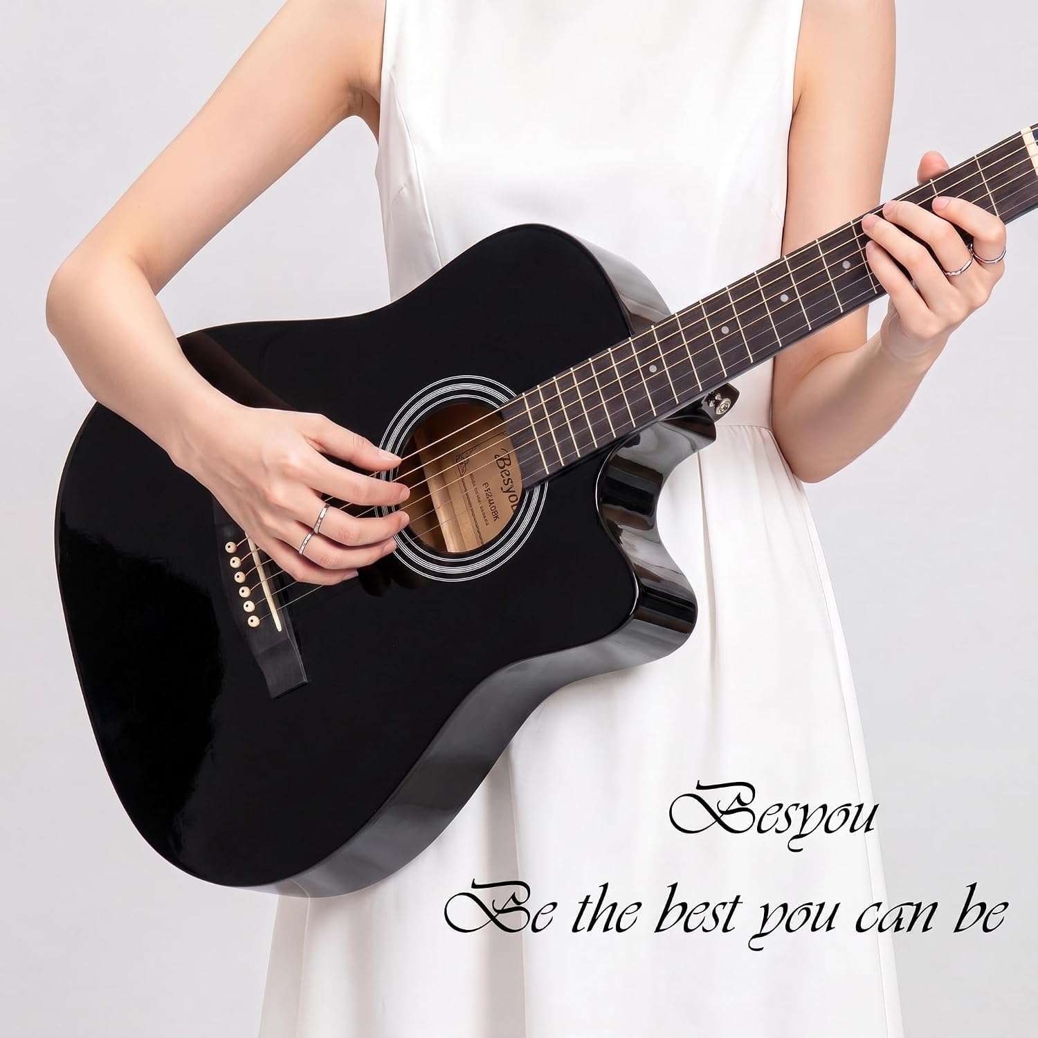 38 inch Black Acoustic Guitar Beginner Kits, 3/4 Cutaway Wood Acustica Guitarra for Beginners Adults with Online Lesson,Gig Bag,Picks,Steel Strings Strap with Picks Holder