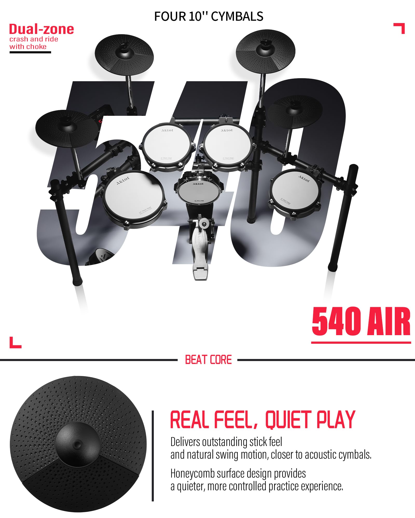 AKLOT Electric Drum Set with Kick-Tower: 4 Dual Zone Mesh Pads, 8’’ Tower-Style Kick Drum, 10’’ Snare, Dual Zone 10’’ Cymbals with Choke, 360 Sounds, User Kit, USB-MIDI, Throne, B-CORE 540 Air, Black