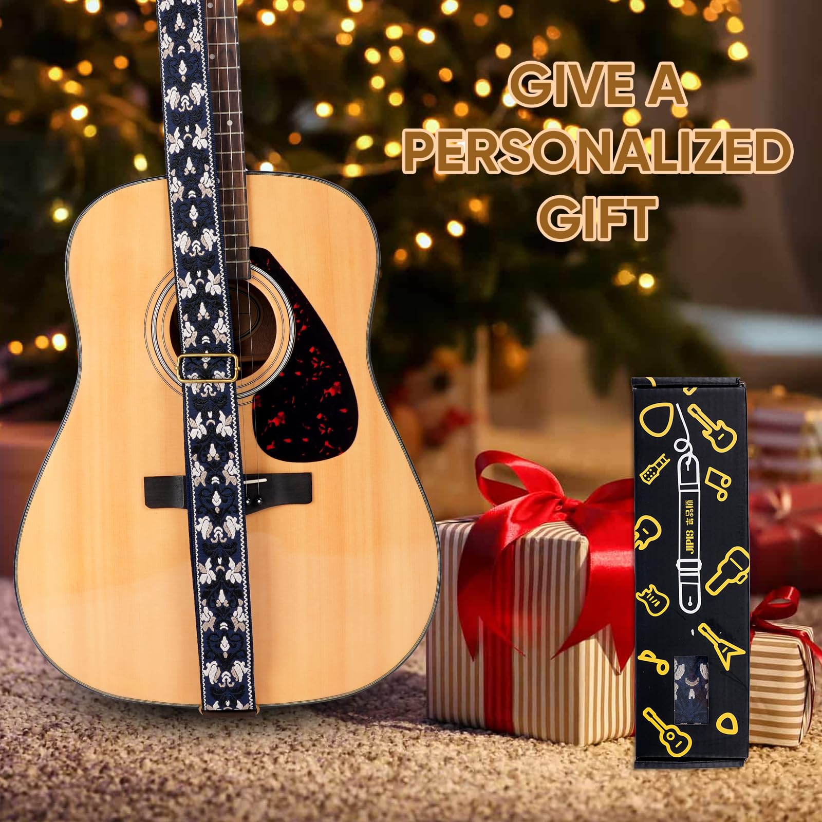 Guitar Strap,Jacquard Cotton Guitar Straps with Real Leather Ends for Acoustic,Electric Guitars and Bass,with Free 1 Head strap, 2 Anti Slip Buckle and 3 Guitar Picks(GS-75-3 Deep Blue Jacquard)