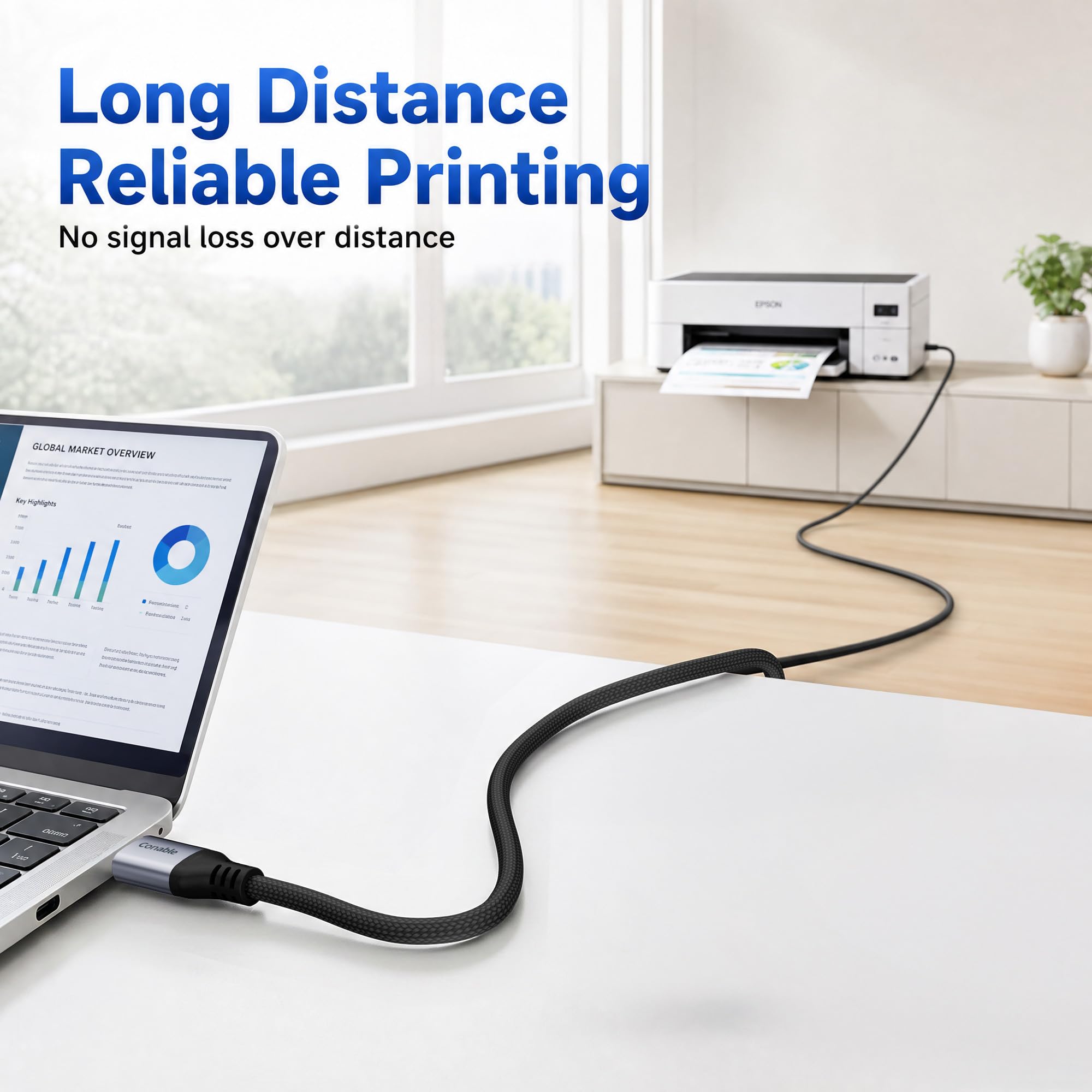 USB A to USB B Cable 1FT, Braided USB Printer Cord, USB A to MIDI Cable High-Speed, Braided, Gold Plated Connector, Compatible with HP, Canon, Brother, Samsung, Dell, Epson, Lexmark, Xerox, and More