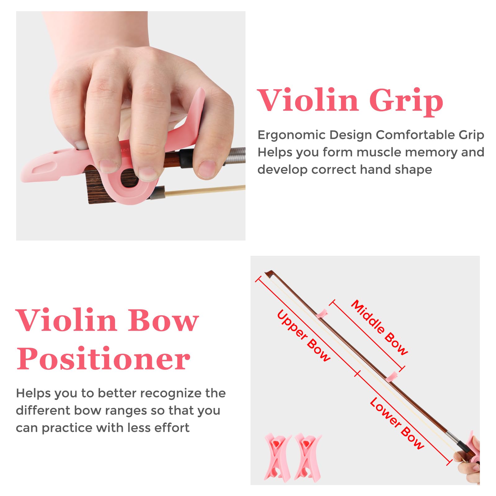 RANMING Violin Bow Holder for Practice– Silicone Hand Position Corrector Non-Slip Teaching Tool for Beginners Students Improve Bow Grip & Posture Violin Teaching Aid With 2 Bow Stopper Pink