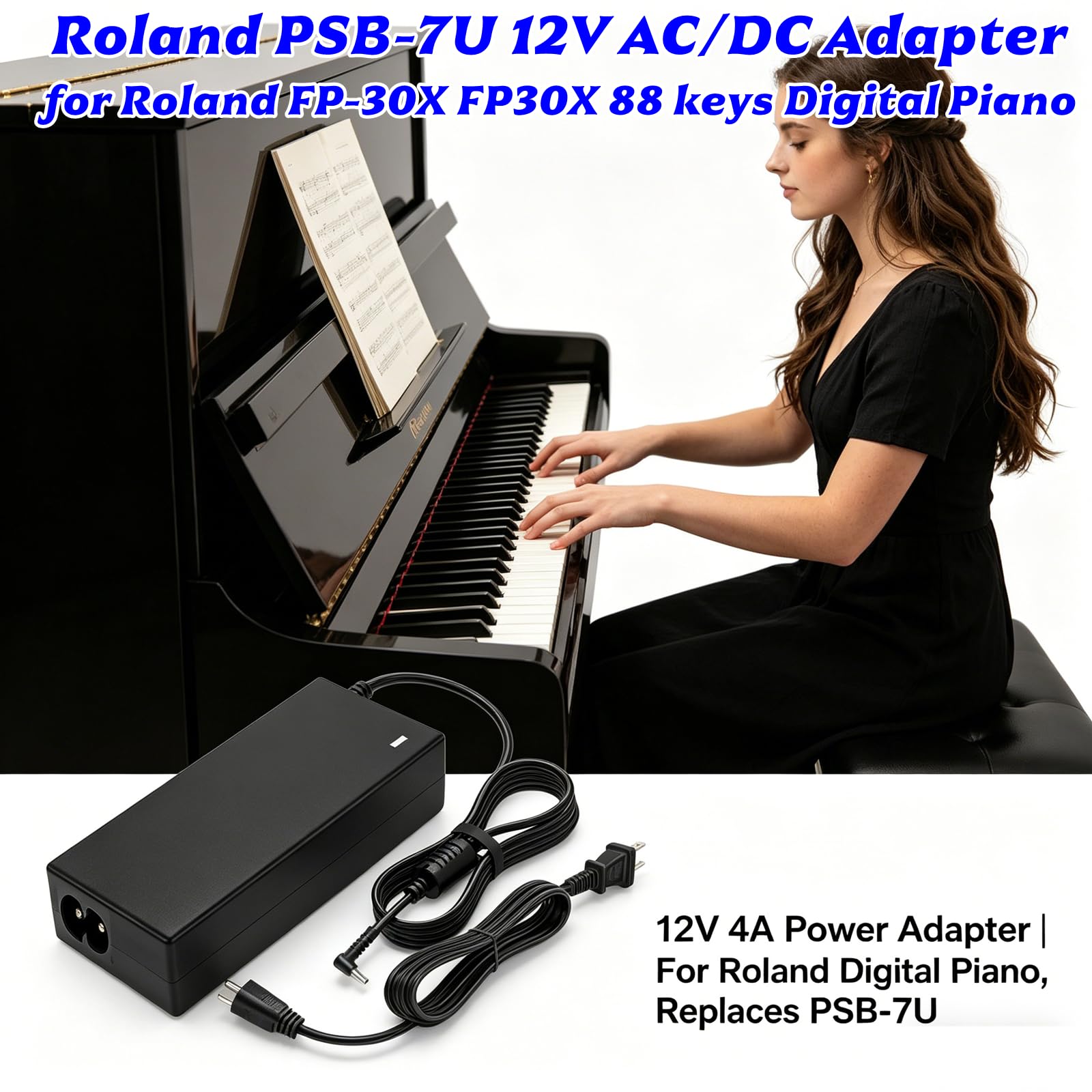 MSZLZTD PSB-7U Charger 12VAC/DC for Roland FP-30X Power Adapter, Ideal Replacement Adapter for Roland FP-30 FP-60 FP-90 FP-30X FP-60X FP-90X FP60X-WH 88 Keys Digital Piano Keyboard Power Supply Cord