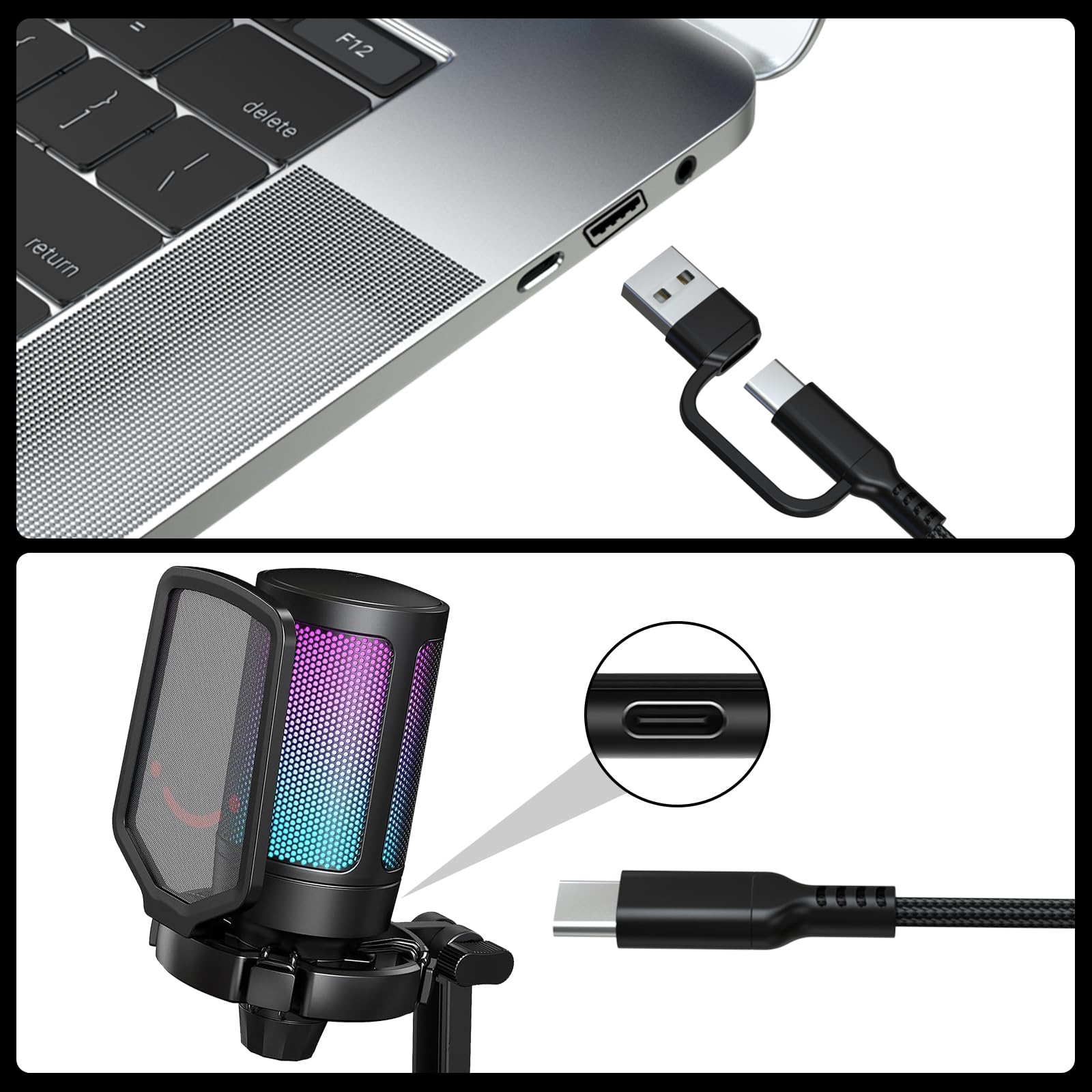 USB A/C to Type C Microphone Cable Cord Compatible with Fifine AmpliGame A6V/ A6T/ AM8/ K688/ A8, HyperX SoloCast, QuadCast 2/S/2 S, Logitech G Yeti GX, TONOR TC30, Elgato Wave 3, Wave Neo Mic (6.6FT)