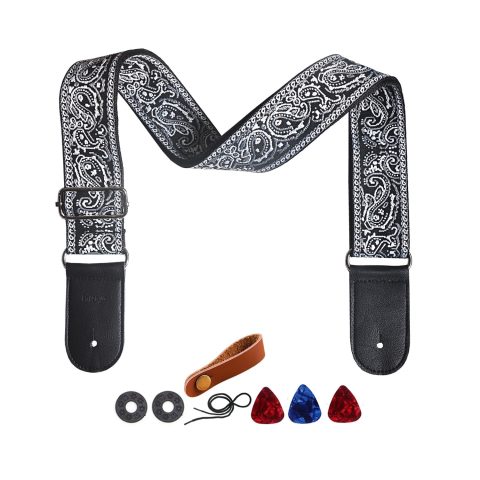 Farcaya Guitar Strap Jacquard Weave Cotton Adjustable Shoulder Strap with 2Strap Lock Button 3Picks Headstock Strap Tie¡­ (Black and White)