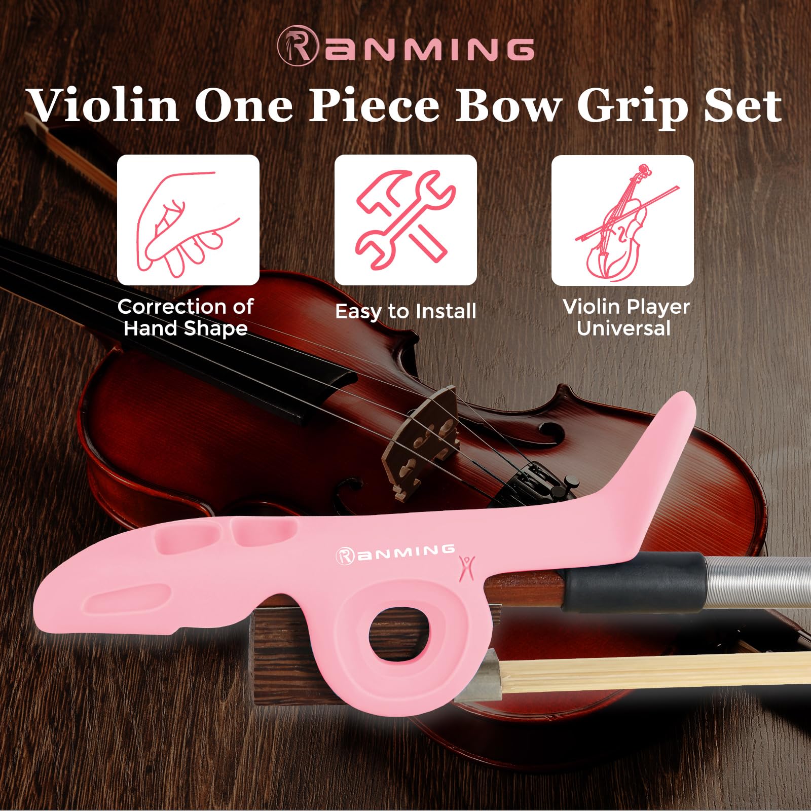 RANMING Violin Bow Holder for Practice– Silicone Hand Position Corrector Non-Slip Teaching Tool for Beginners Students Improve Bow Grip & Posture Violin Teaching Aid With 2 Bow Stopper Pink