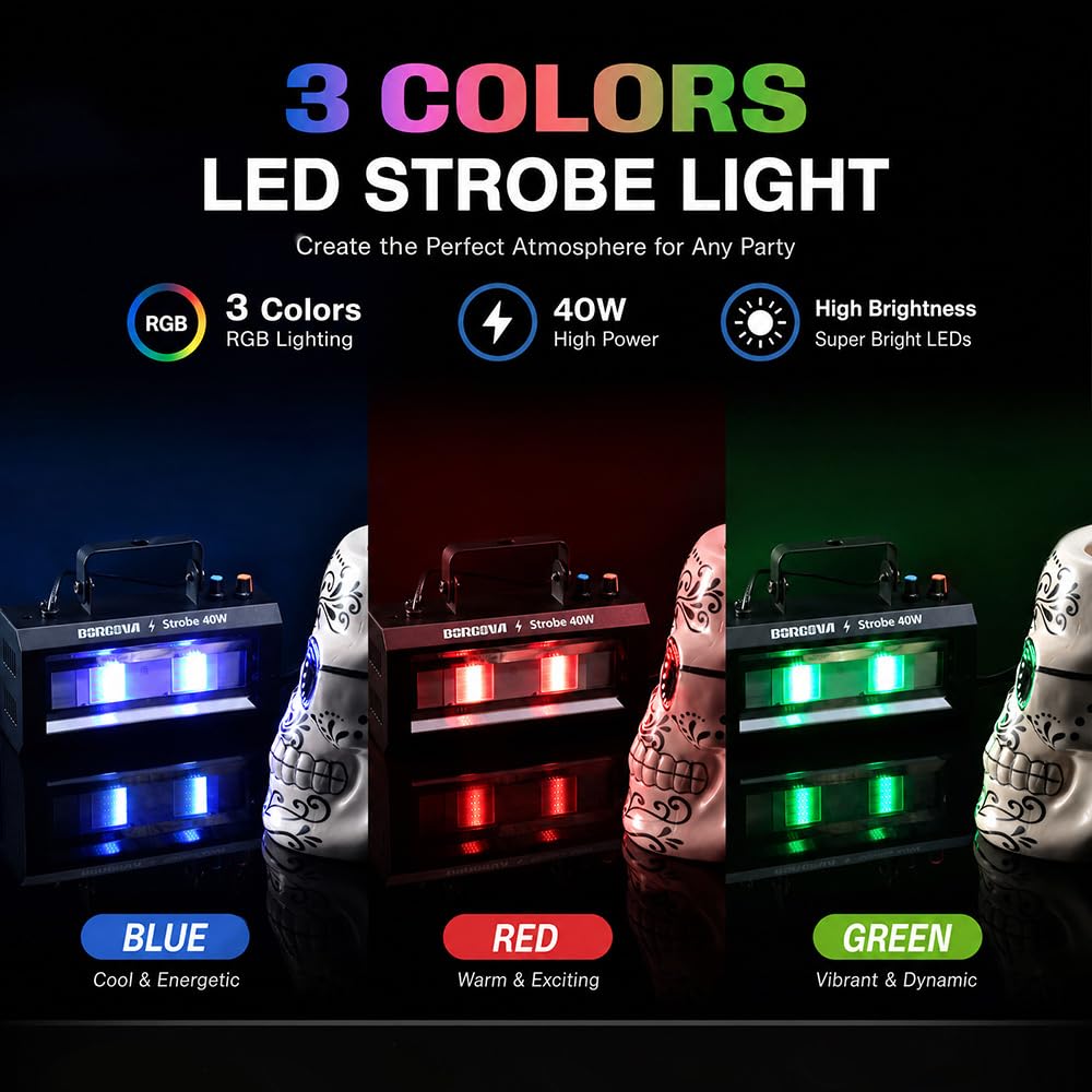 BORGOVA 40W LED Strobe Light, Portable RGB LED Stage Flashing Light