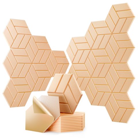 OTUOER 12Pcs Acoustic Panels with Self-adhesive, 12″X 10″X 0.4″ Sound Proof Foam Panels for Walls, Hexagonal Soundproof Wall Panels High Density, Sound Panels for Home Studio Office (Pale Apricot)
