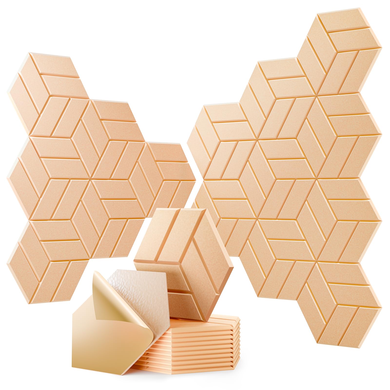 OTUOER 12Pcs Acoustic Panels with Self-adhesive, 12″X 10″X 0.4″ Sound Proof Foam Panels for Walls, Hexagonal Soundproof Wall Panels High Density, Sound Panels for Home Studio Office (Pale Apricot)