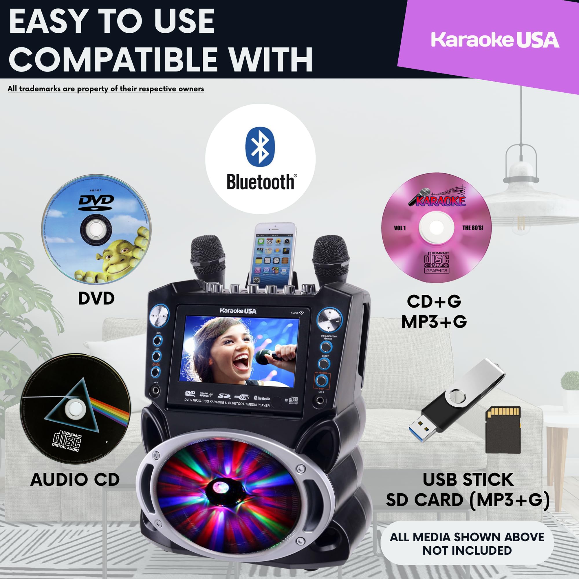 Karaoke Machine with Lyrics Display 7″ Screen. CD+G, DVD, MP3+G, MP3, CD & USB. Wireless Bluetooth Speaker with LED Disco Lights. Includes 2 Wired Microphones and 2 Bonus Karaoke Discs By Karaoke USA
